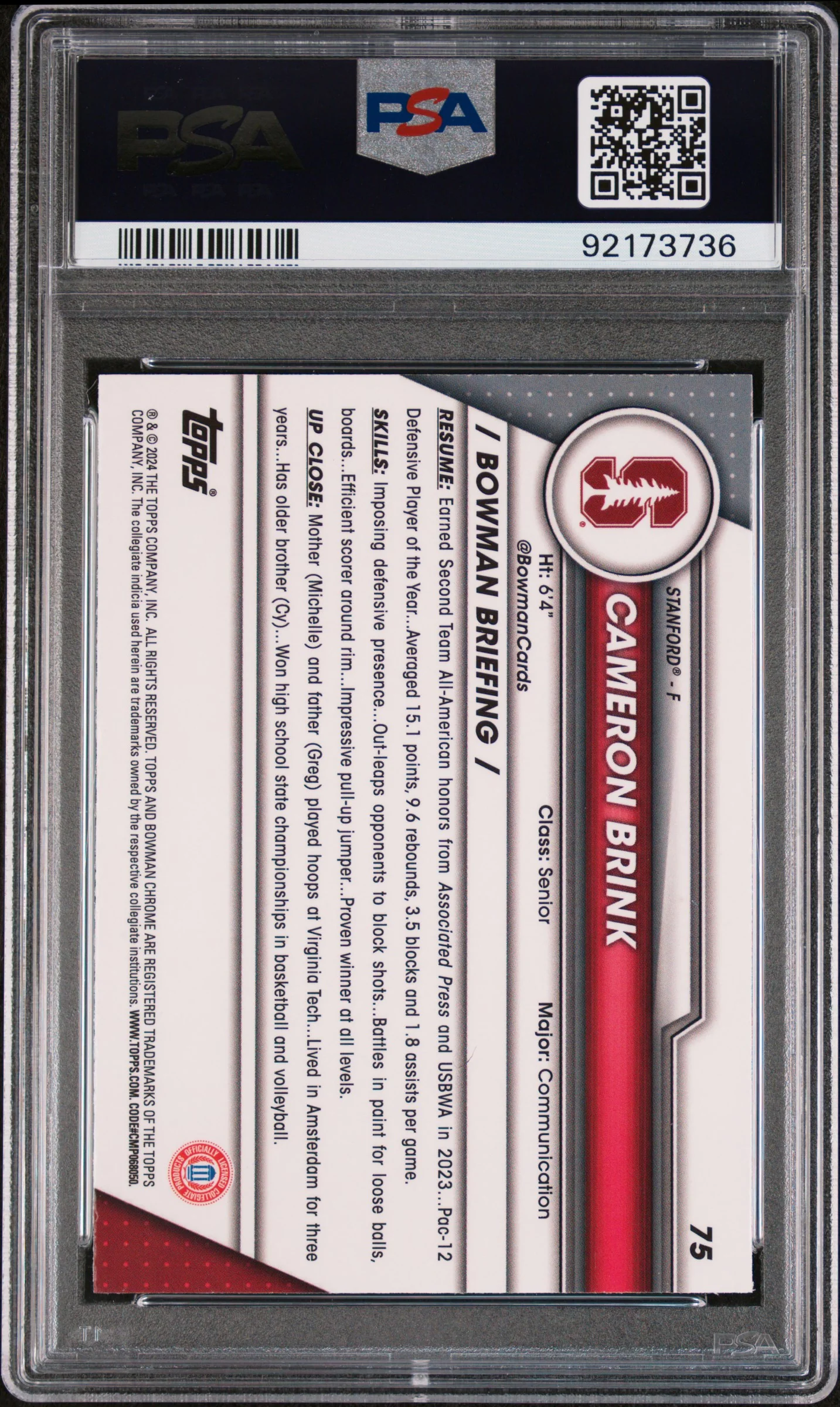 2023 Bowman University Chrome Sapphire Cameron Brink #75 PSA 10 - Image 2