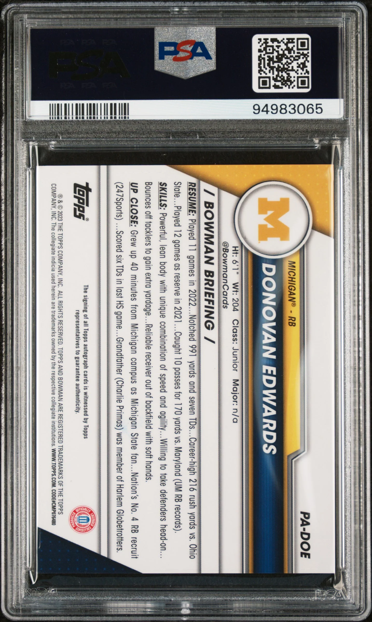 2023 Bowman University Chrome Sapphire Prospect Autograph Donovan Edwards #DOE PSA 9 - Image 2