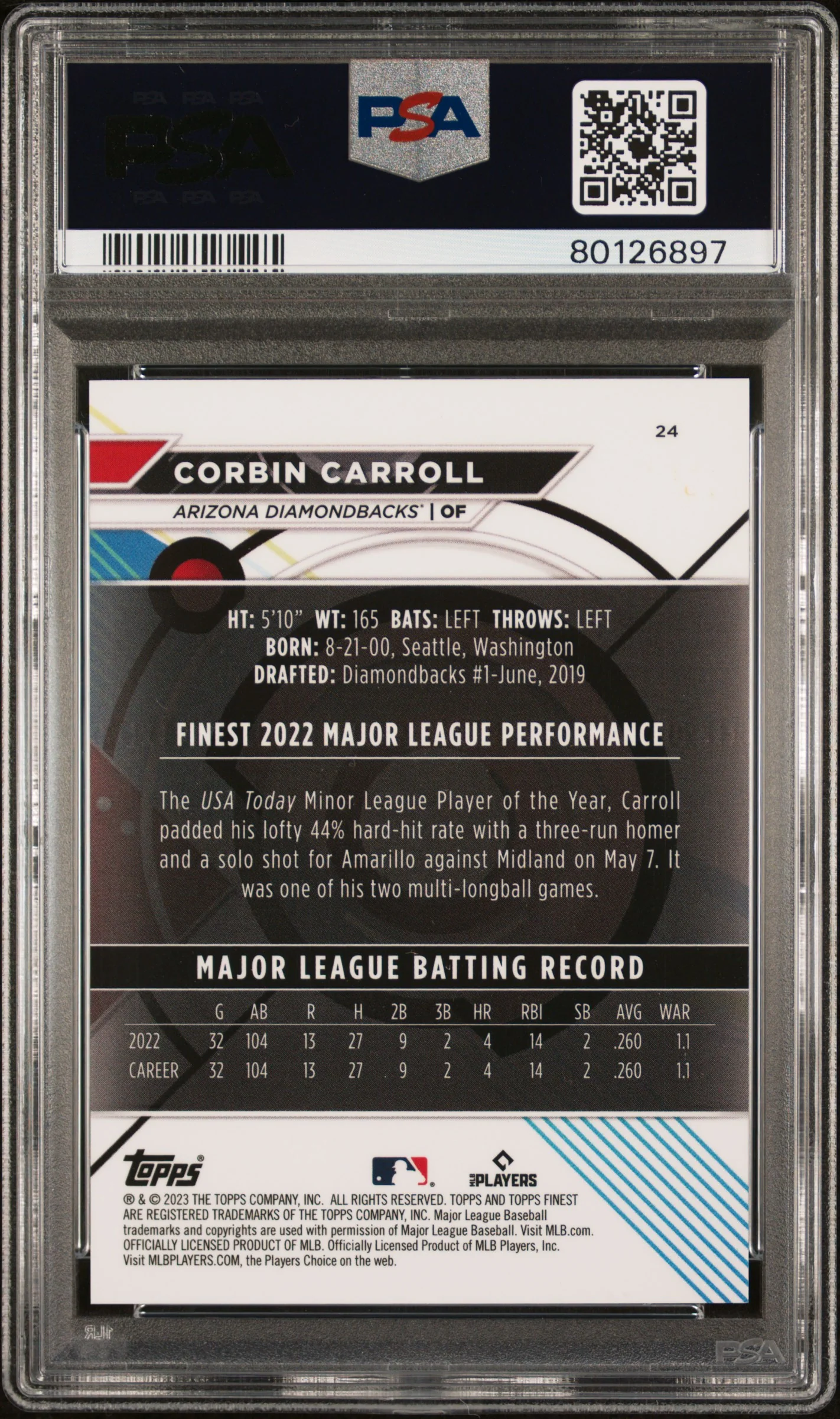 2023 Finest Purple Refractor Corbin Carroll #24 /250 PSA 10 - Image 2