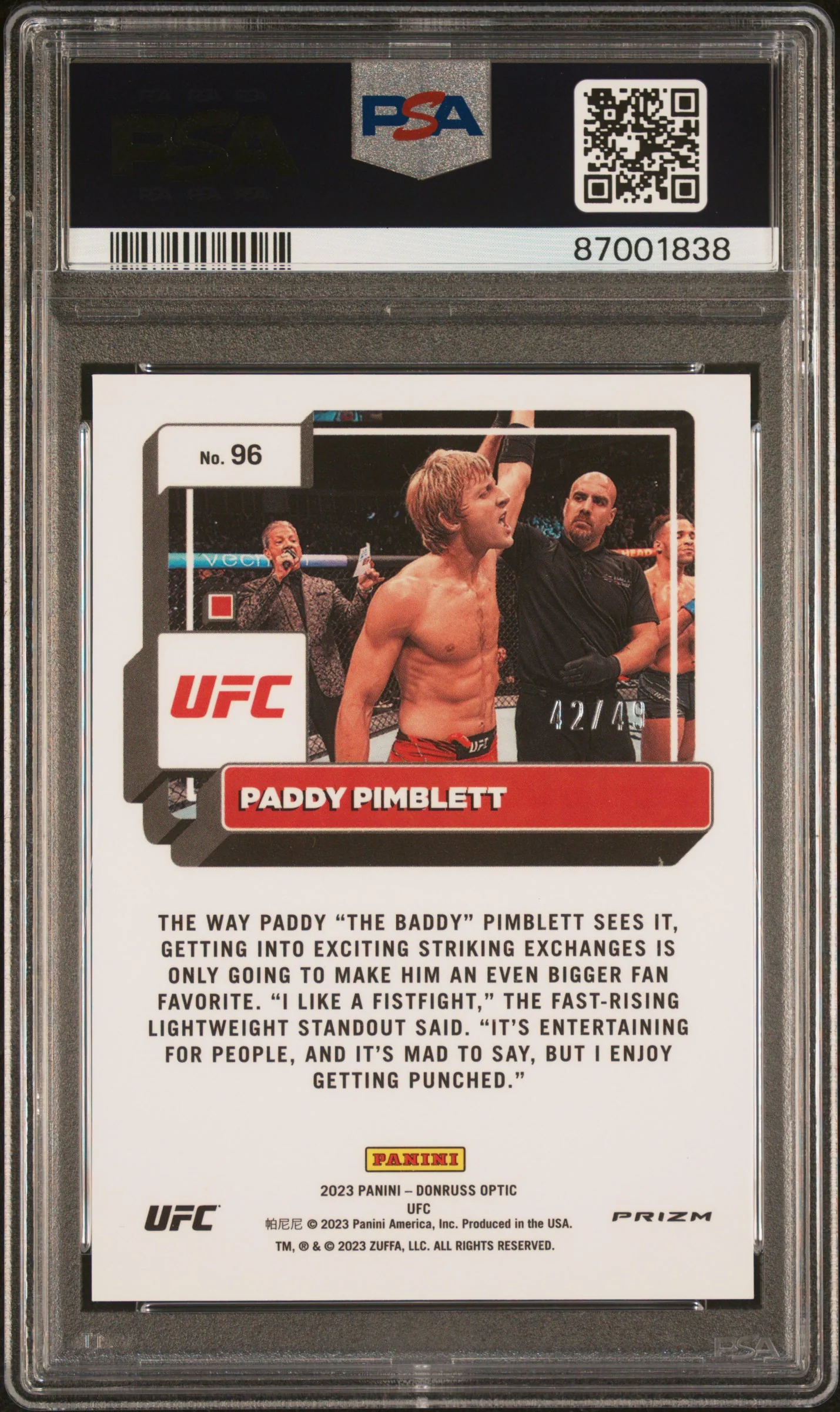 2023 Panini Donruss Optic UFC Orange Paddy Pimblett #96 /49 PSA 9 - Image 2