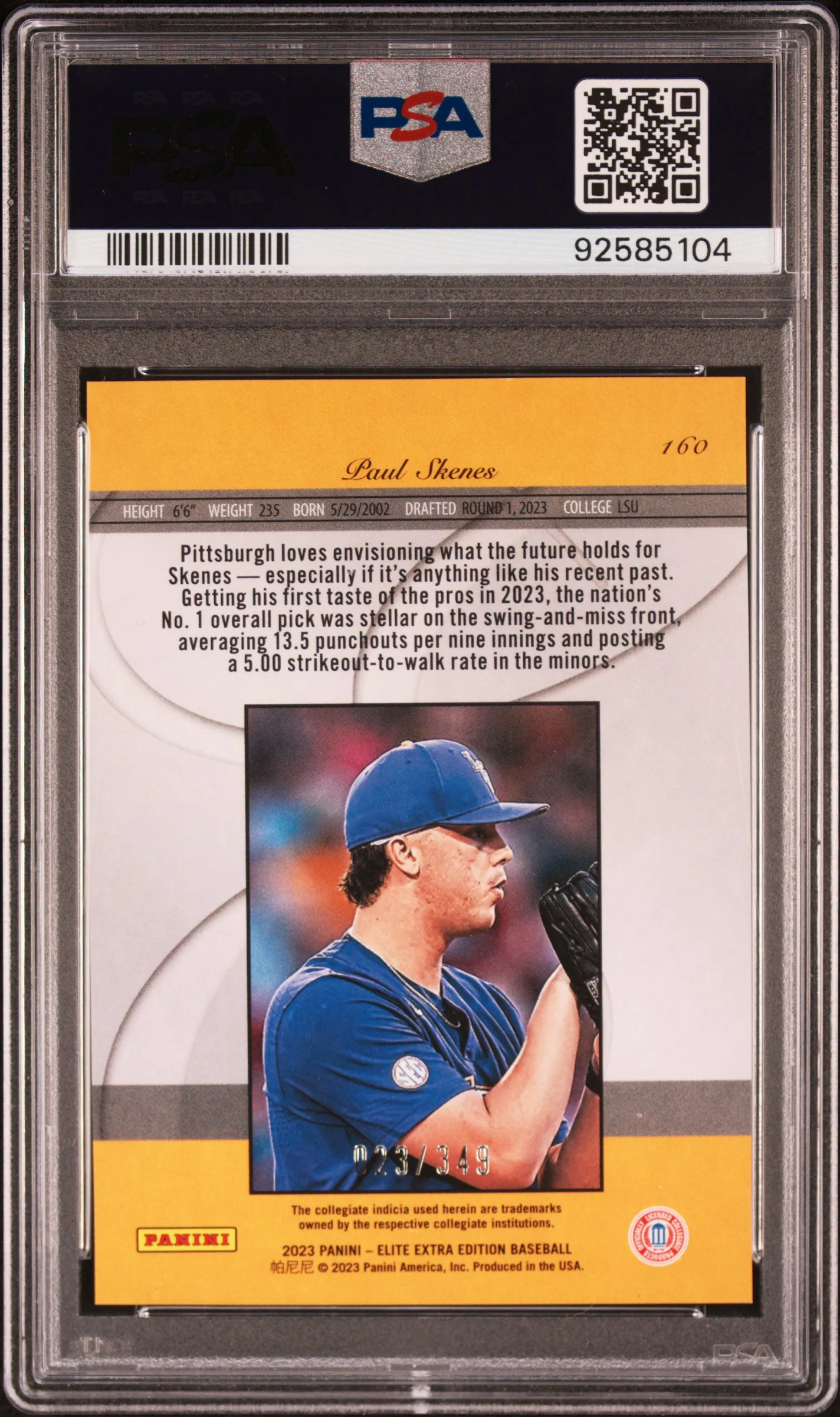 2023 Panini Elite Extra Edition Aspirations-Blue Paul Skenes #160 /349 PSA 10 - Image 2