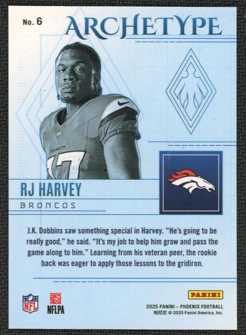 2023 Panini Phoenix 6 RJ Harvey Archetype Rookie Broncos - Image 2