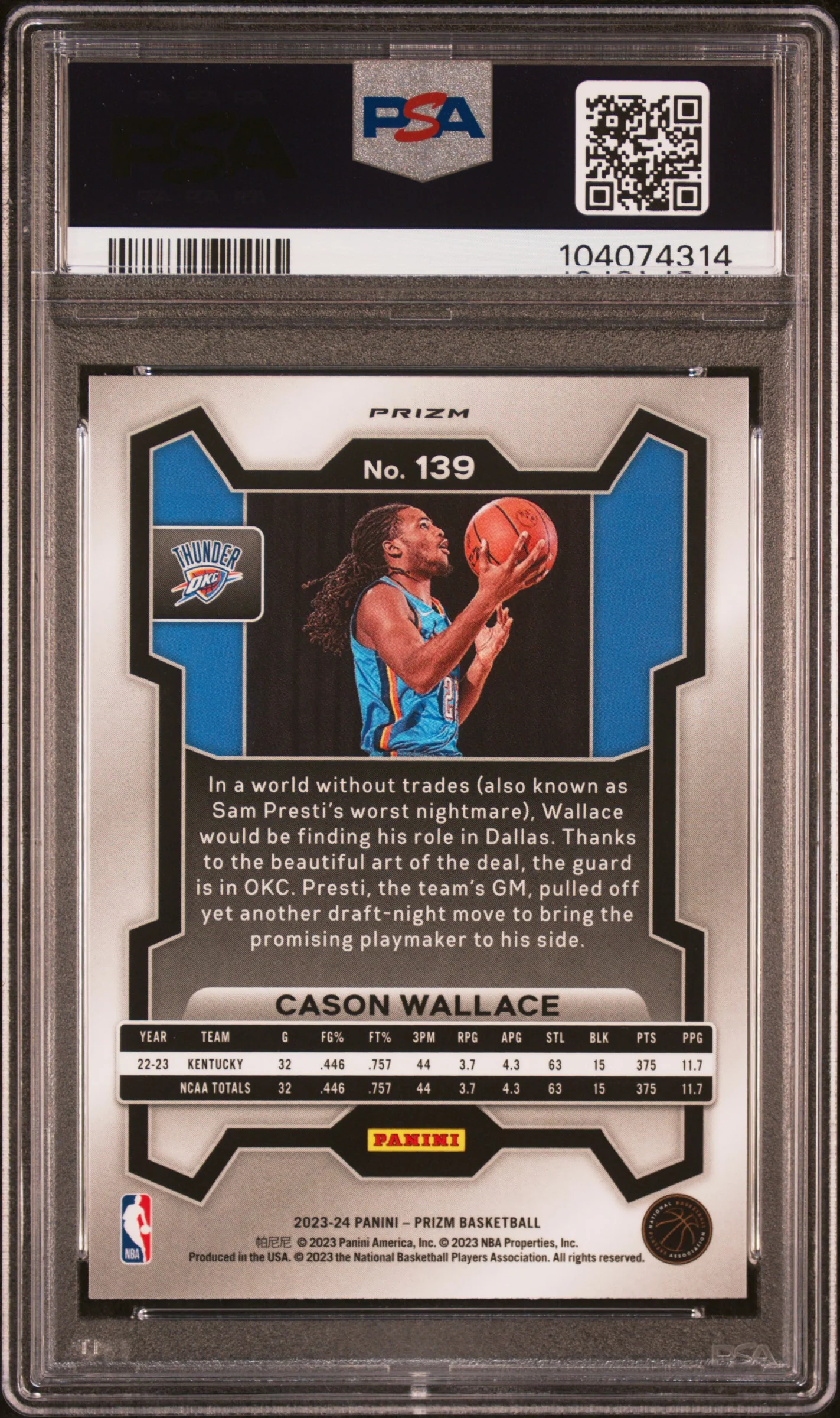 2023 Panini Prizm Fast Break Cason Wallace #139 PSA 10 - Image 2