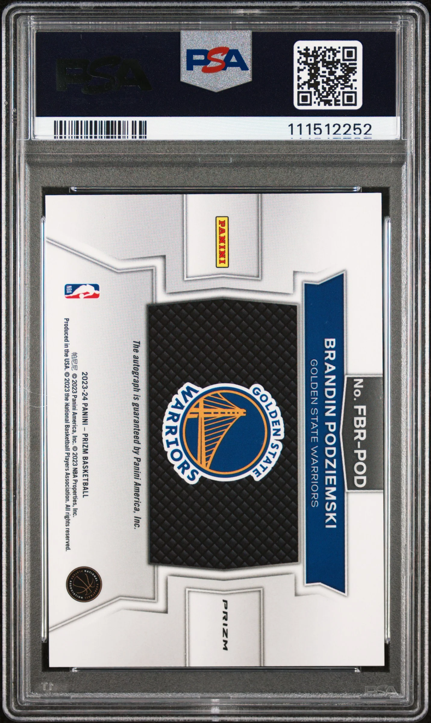2023 Panini Prizm Fast Break Rookie Autograph Brandin Podziemski #FBRPOD PSA 10 - Image 2