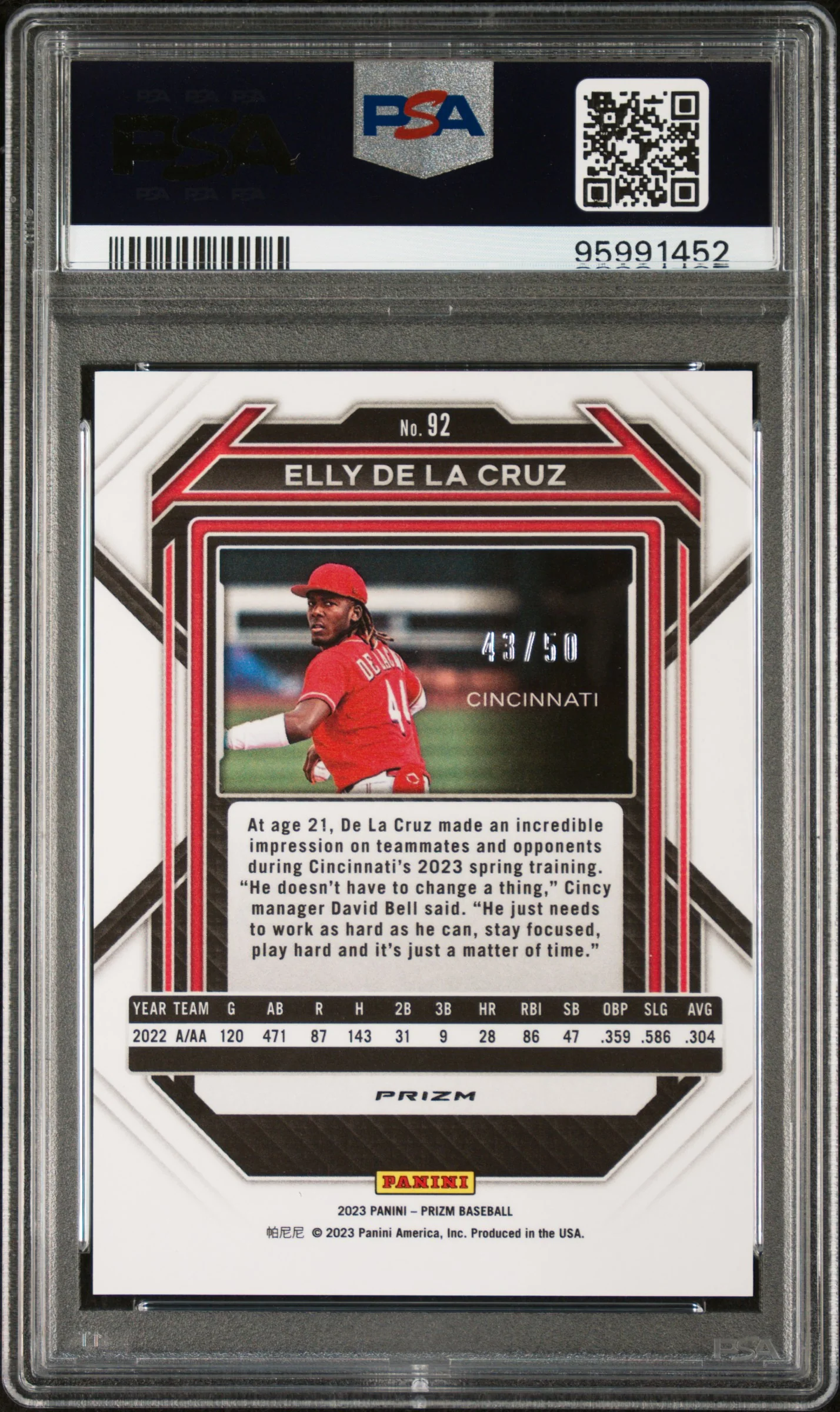2023 Panini Prizm Orange Wave Elly De La Cruz #92 /50 PSA 10 - Image 2