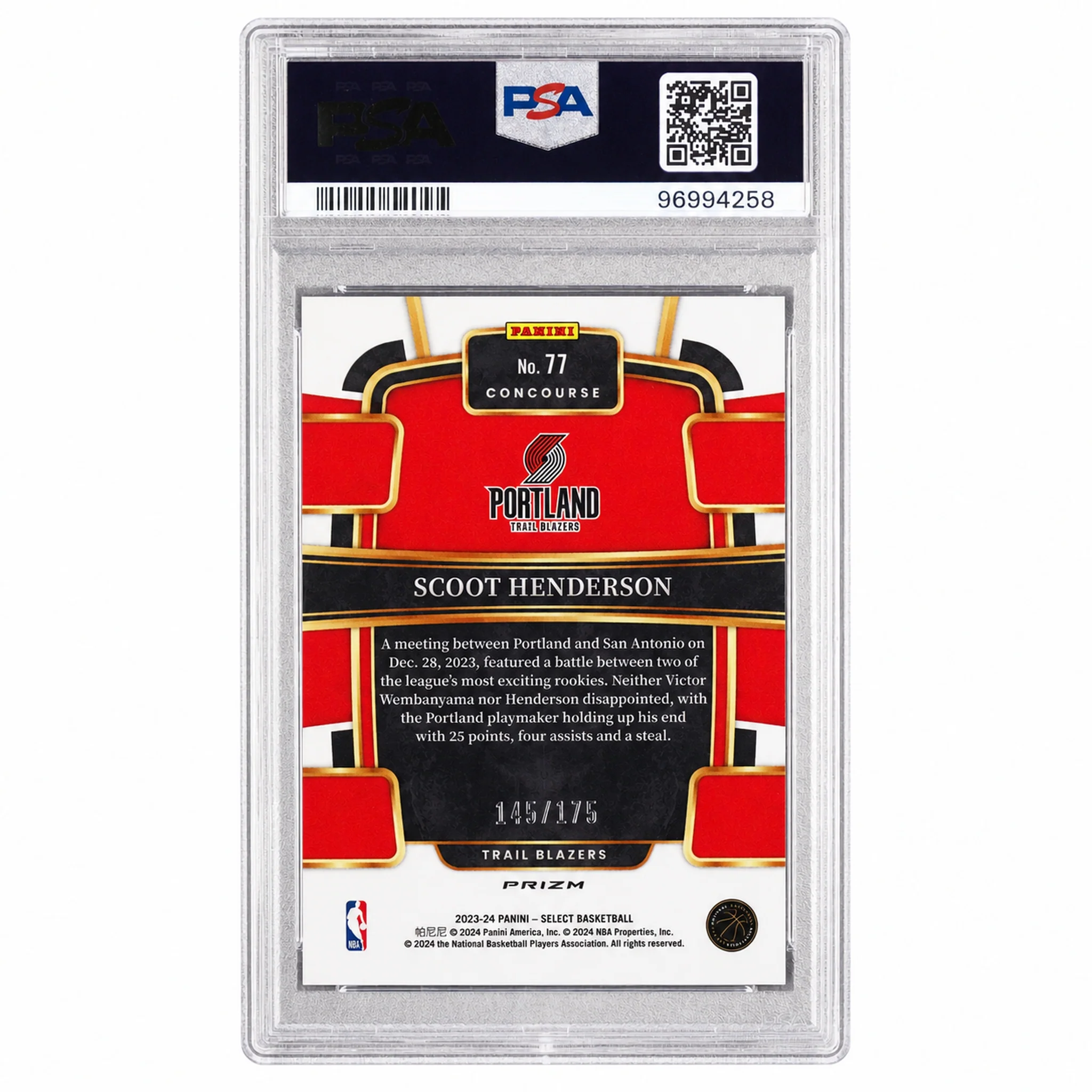 2023 Panini Select Purple Flash Scoot Henderson #77 /175 PSA 10 - Image 2