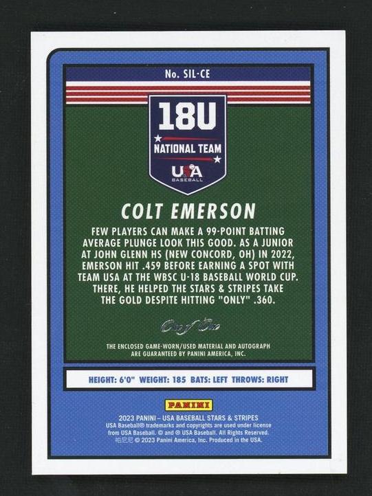 2023 Panini USA Baseball Stars & Stripes SIL-CE Colt Emerson Silhouettes Rookie USA National Team Auto - Image 2