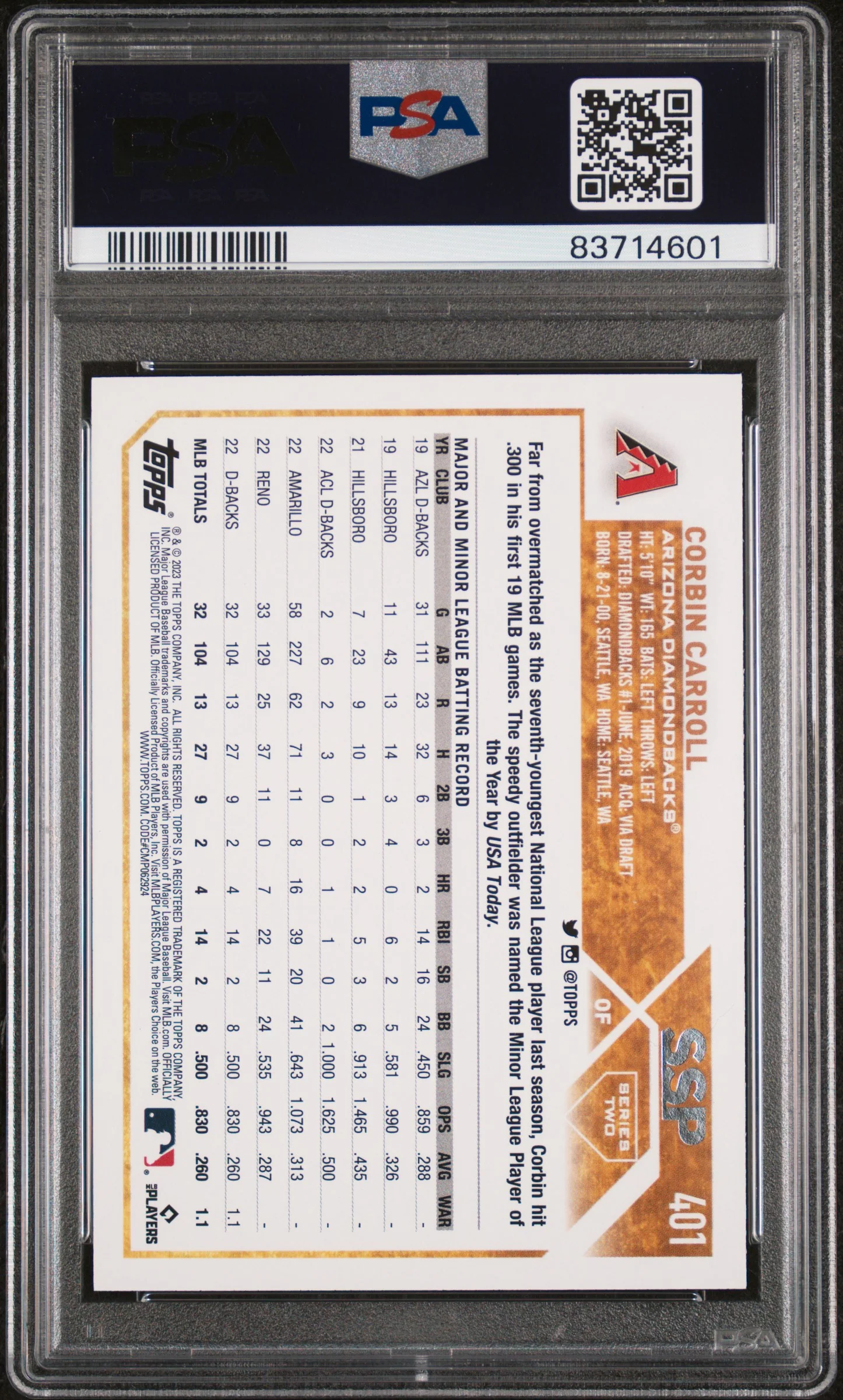 2023 Topps Base Set Photo Variation Corbin Carroll #401 PSA 10 - Image 2