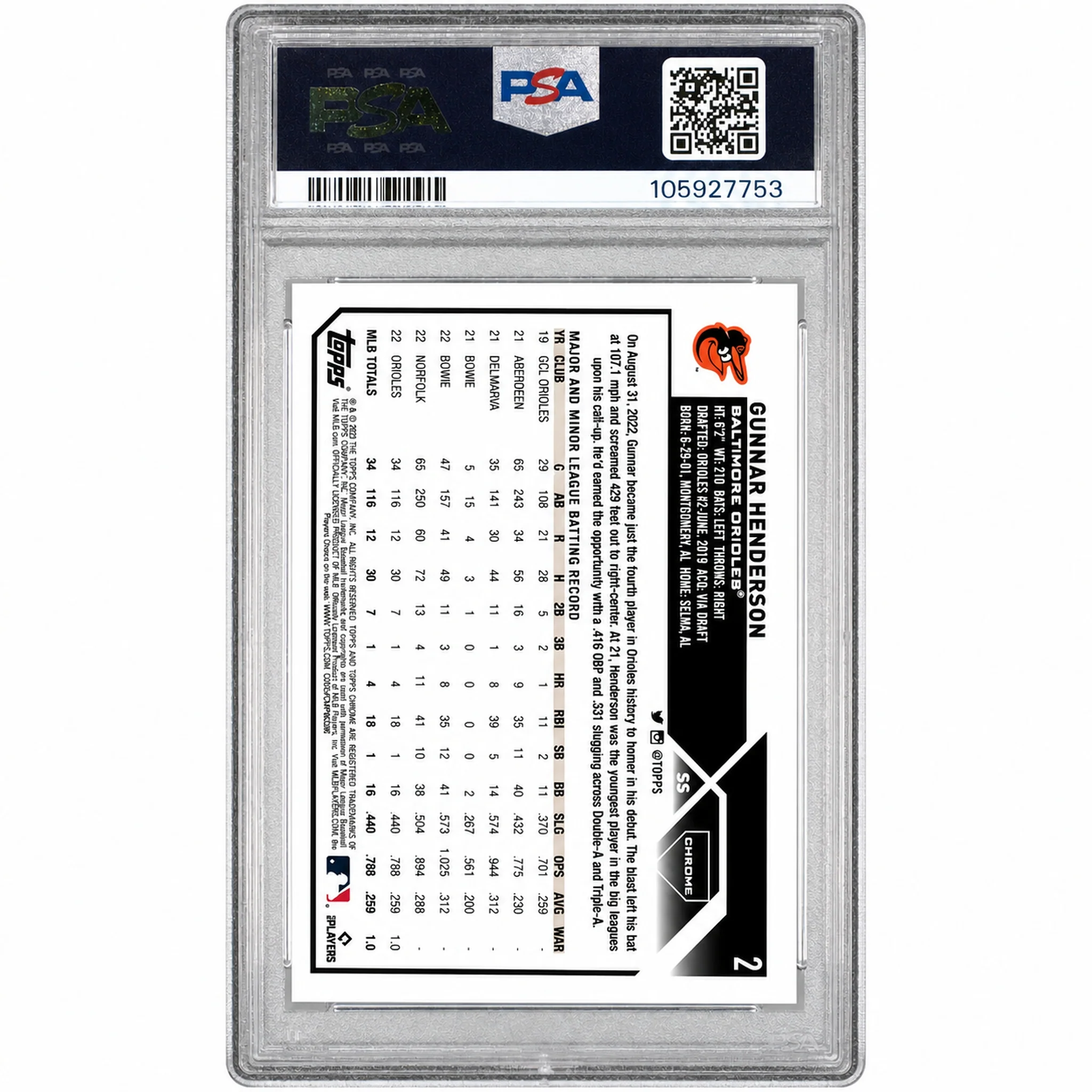 2023 Topps Chrome Logofractor Blue Refractor Gunnar Henderson #2 /150 PSA 10 - Image 2