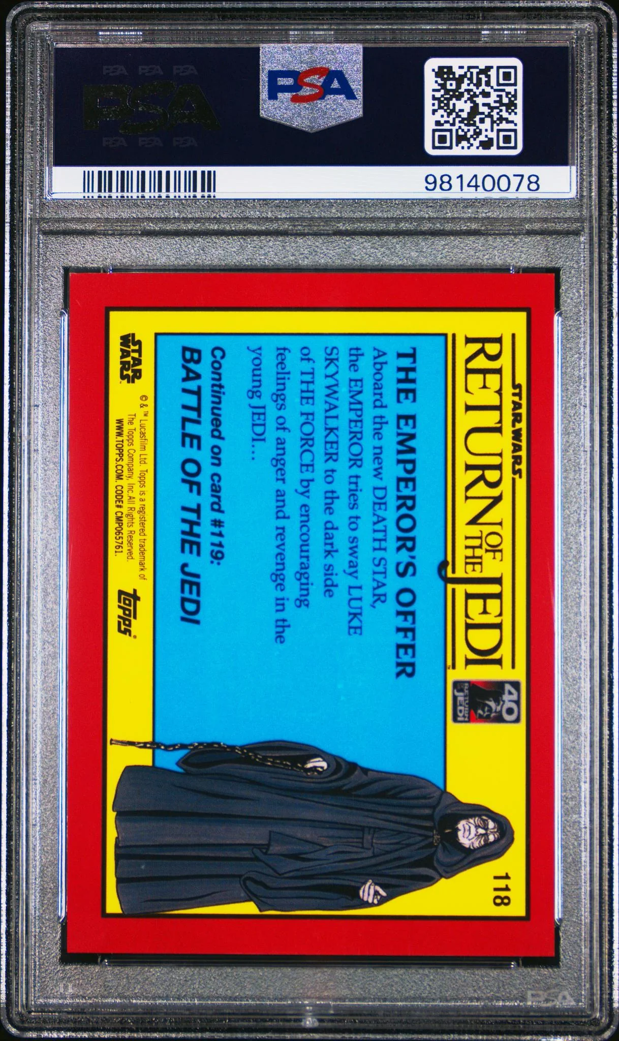 2023 Topps Chrome Sapphire Star Wars Return of the Jedi Gold the Emperor's Offer #118 /15 PSA 9 - Image 2