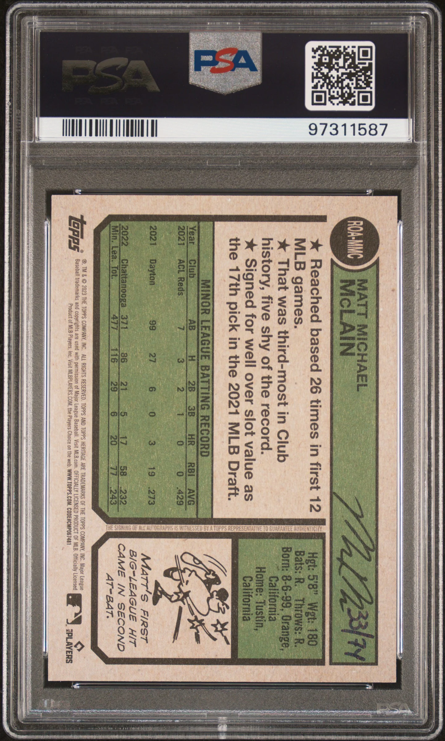 2023 Topps Heritage Real One Autograph Red Ink Matt Mclain #ROA-MMC /74 PSA 10 - Image 2