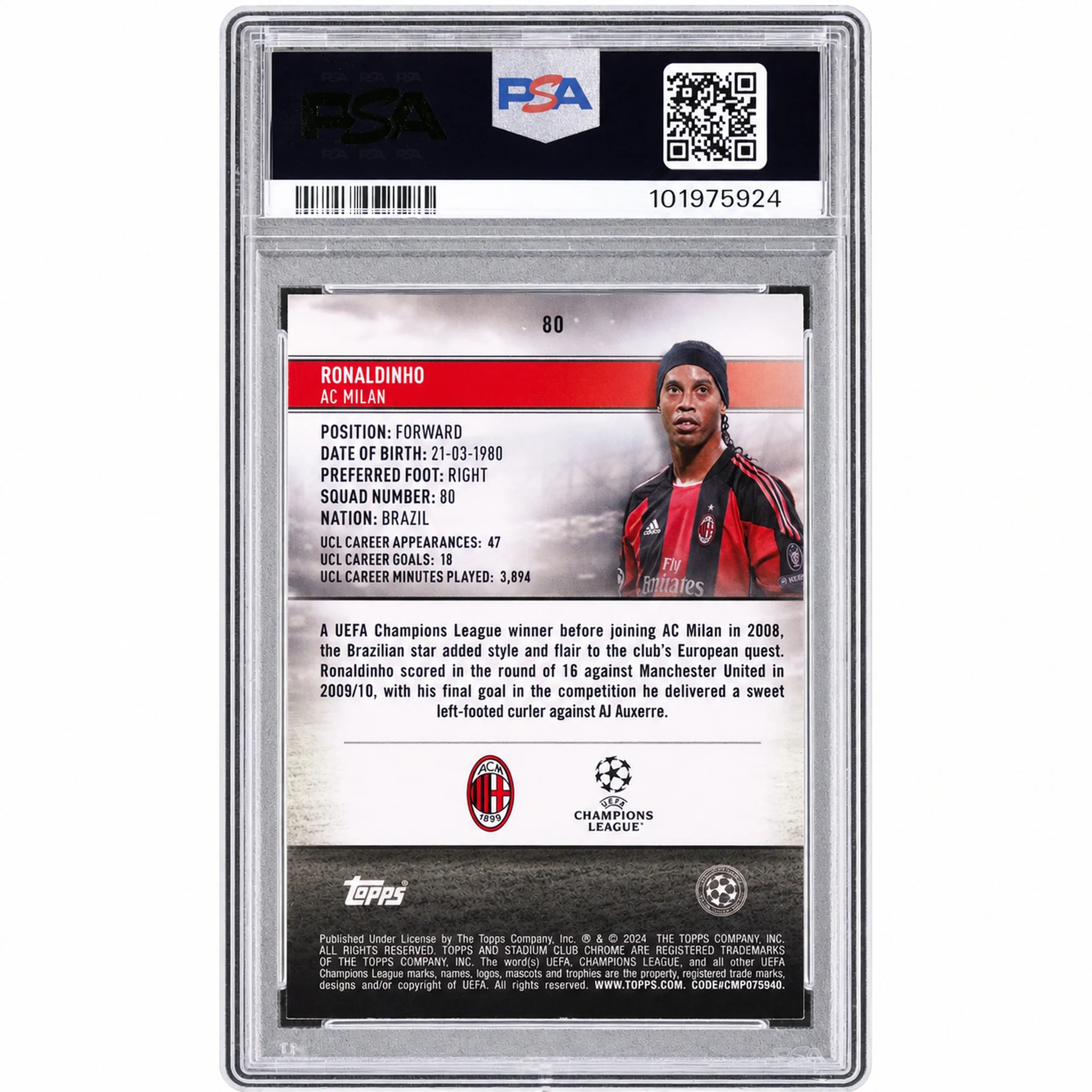 2023 Topps Stadium Club Chrome UEFA Club Competitions Neon Green X-Fractor Ronaldinho #80 PSA 10 - Image 2