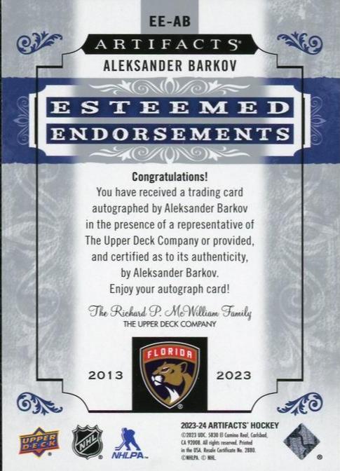 2023 Upper Deck Artifacts EE-AB Aleksander Barkov Esteemed Endorsements /35 Florida Panthers Auto - Image 2
