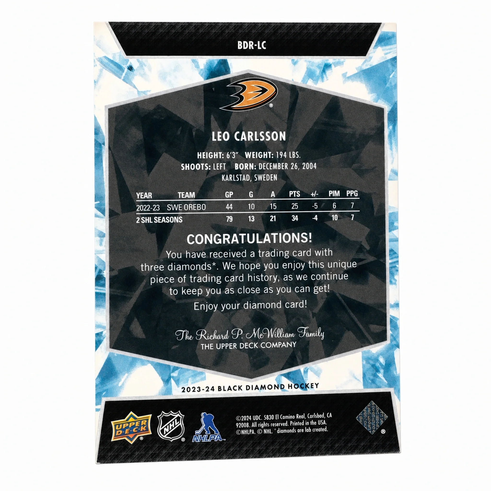 2023 Upper Deck Black Diamond Leo Carlsson Relic Rookies Ruby /49 RC - Image 2