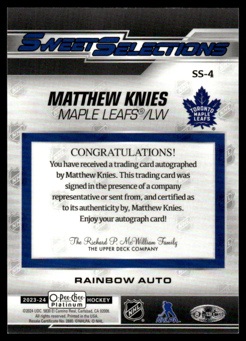2023 Upper Deck O-Pee-Chee Platinum SS-4 Matthew Knies Sweet Selections Rainbow Maple Leafs Auto - Image 2