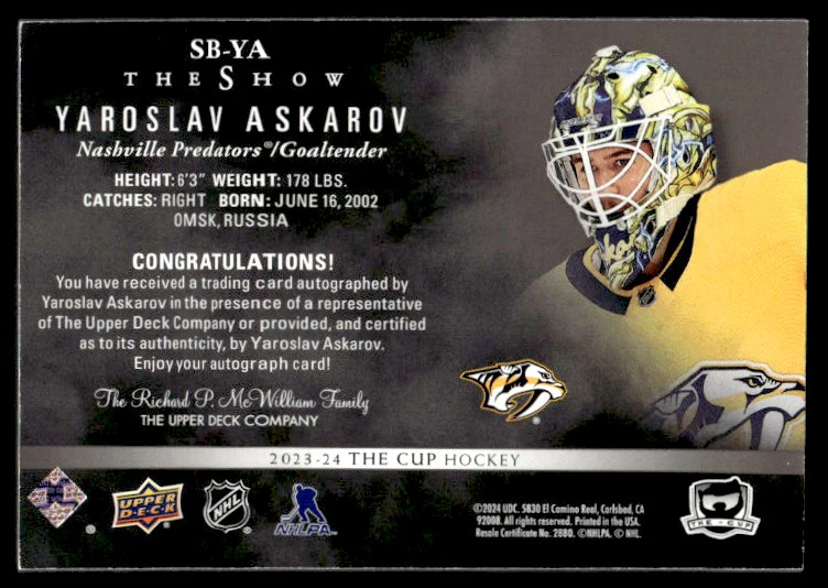 2023 Upper Deck The Cup SB-YA Yaroslav Askarov The Show Signatures Nashville Predators Auto - Image 2