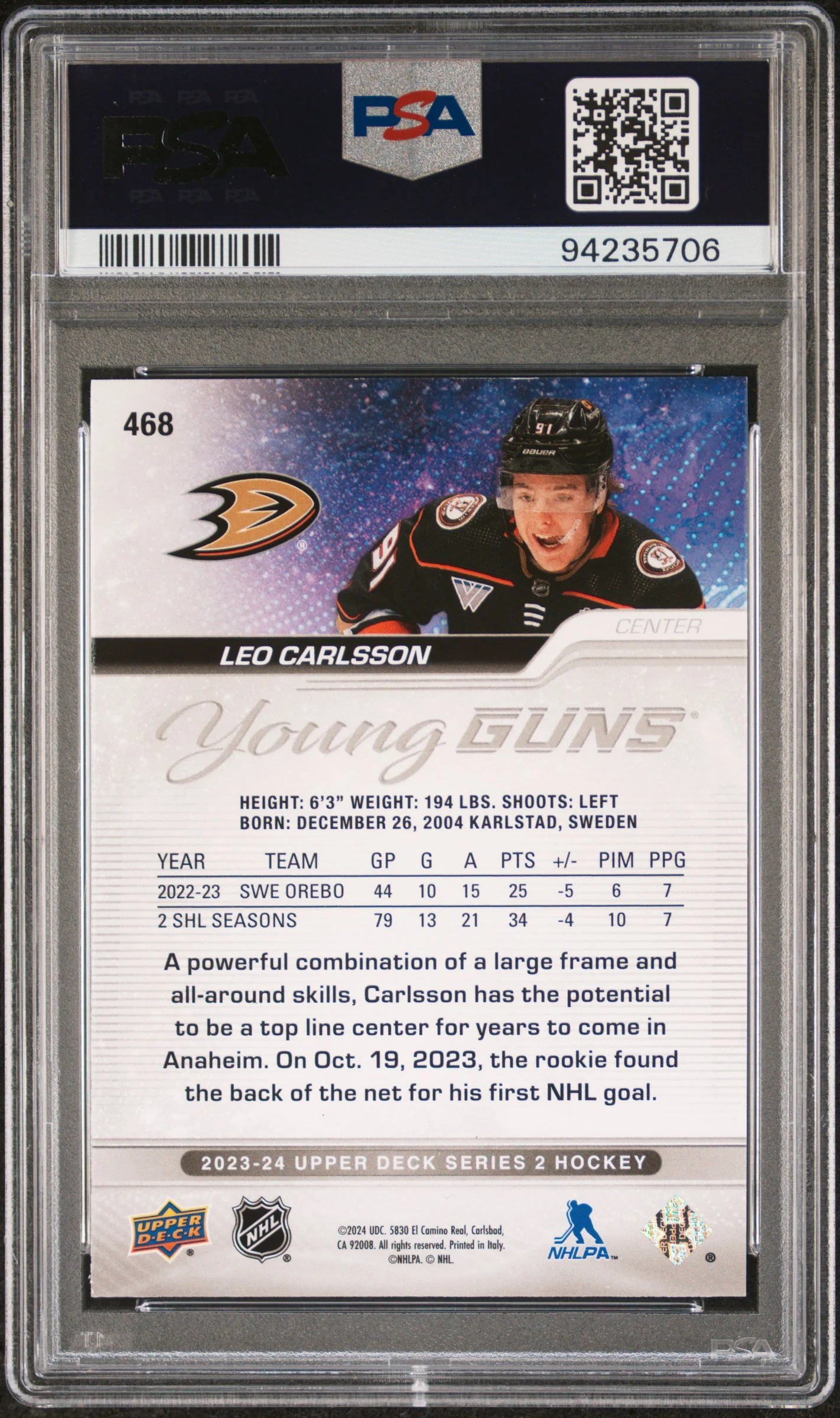 2023 Upper Deck Young Guns Outburst Silver Leo Carlsson #468 PSA 9 - Image 2