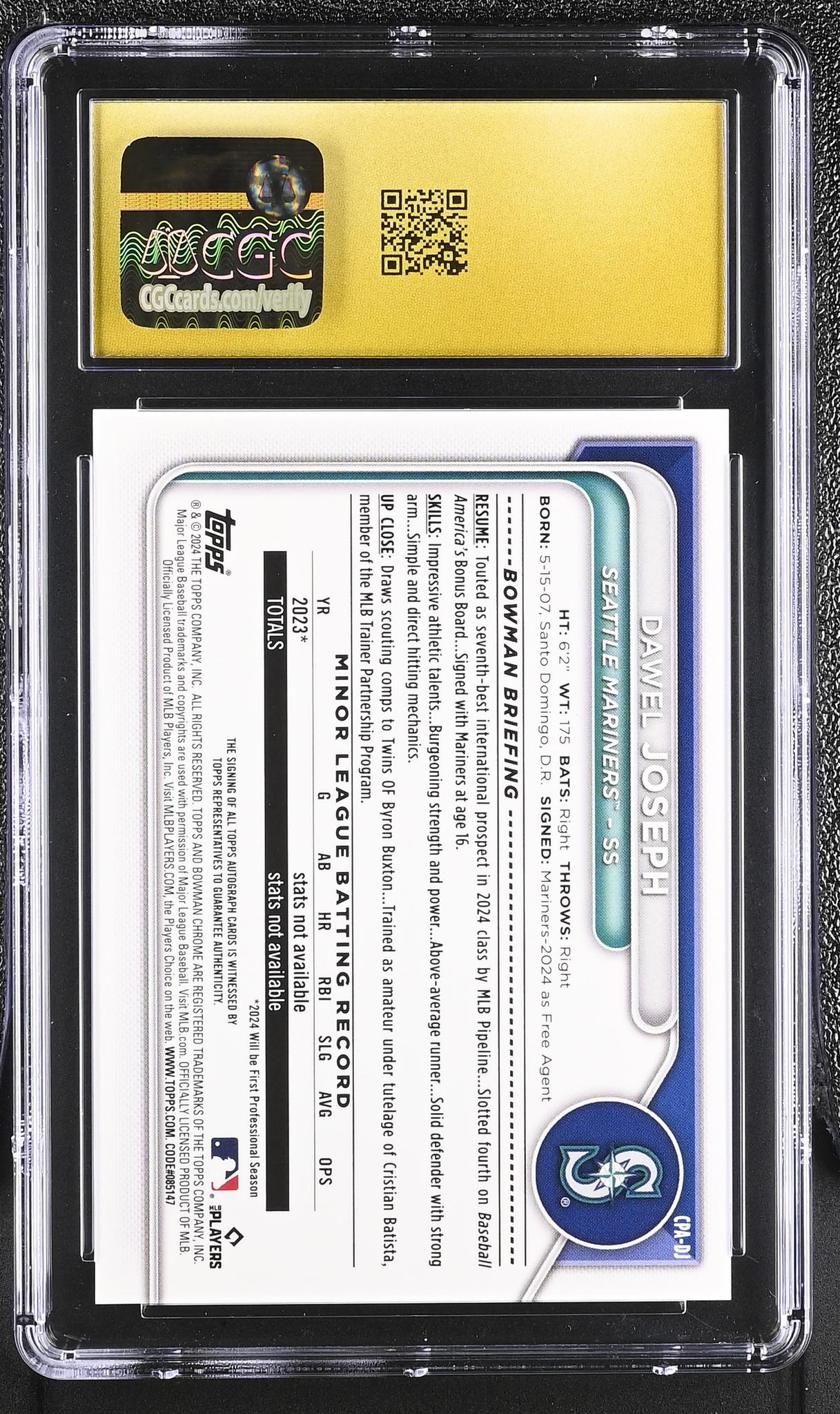 2024 Bowman Chrome #CPA-DJ Dawel Joseph Prospect Autographs Auto CGC 10 - Image 2