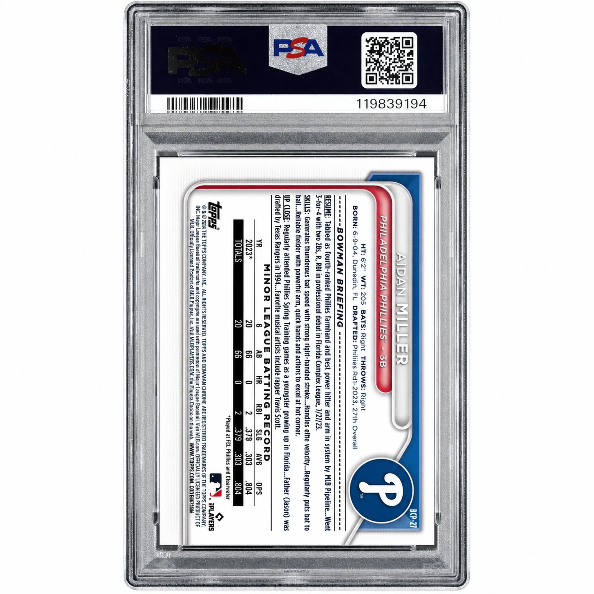 2024 Bowman Chrome Mega Box Prospect Aidan Miller #BCP-27 PSA 10 - Image 2