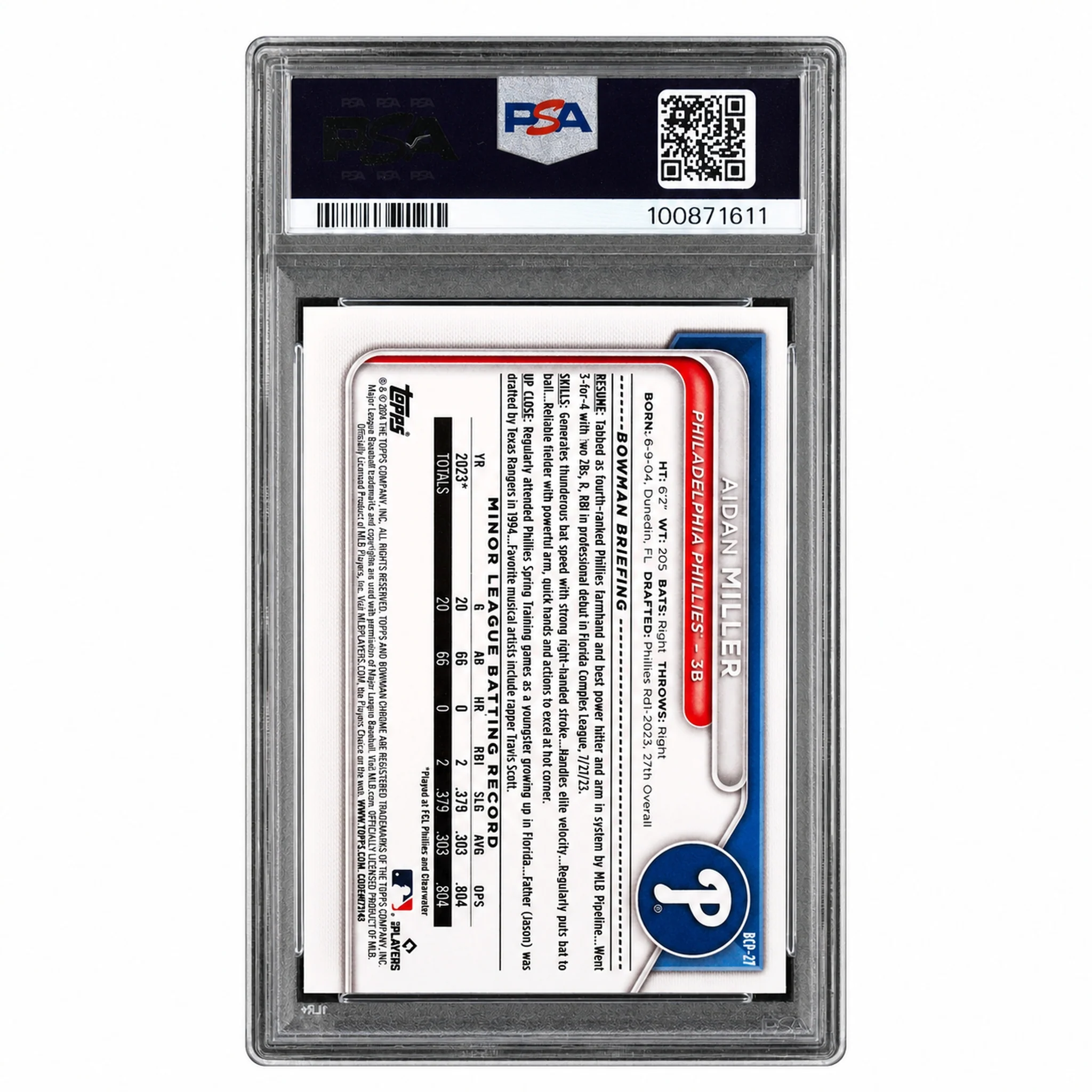 2024 Bowman Chrome Prospect Aidan Miller #BCP-27 PSA 10 - Image 2