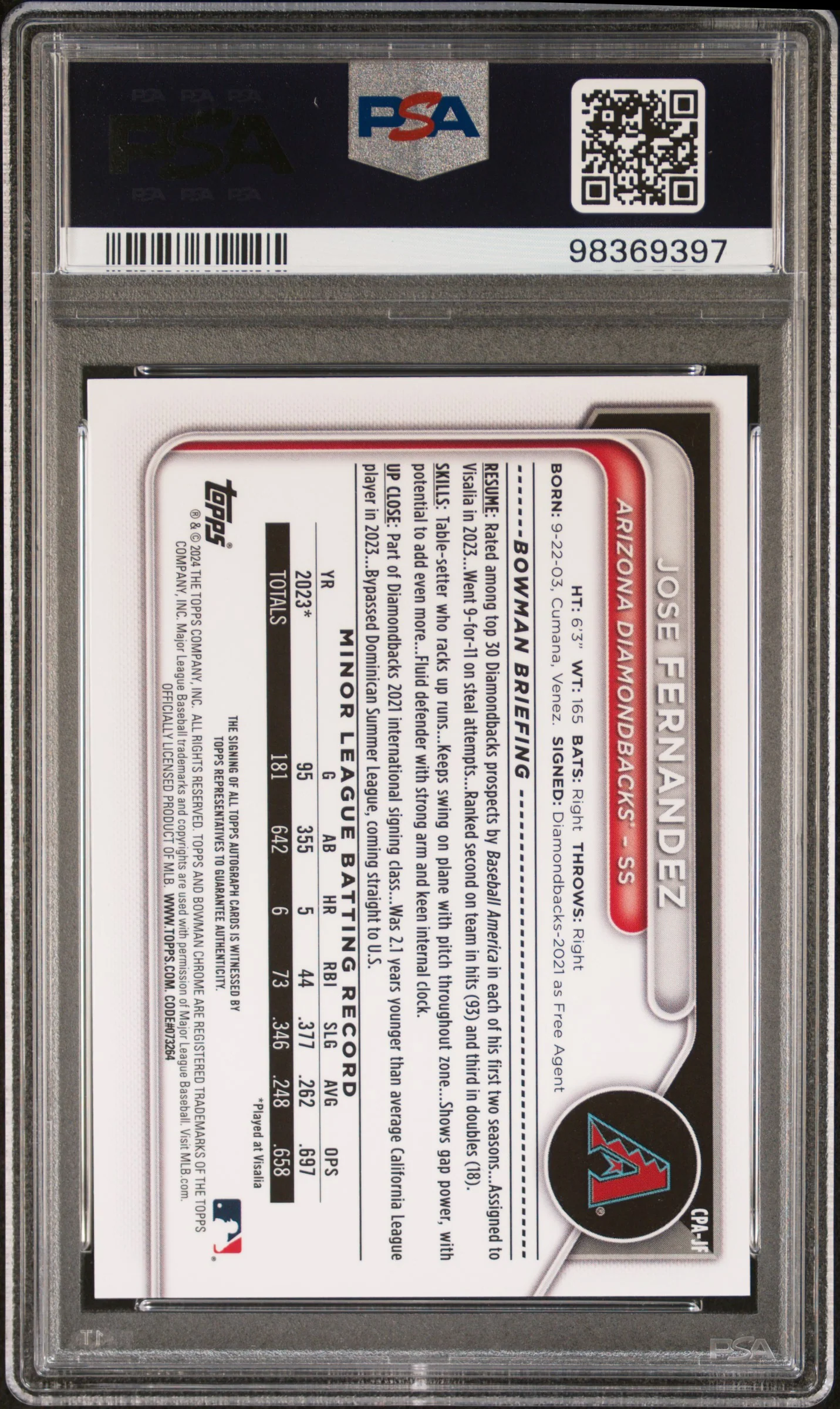 2024 Bowman Chrome Prospect Autograph Jose Fernandez #CPAJF PSA 10 - Image 2
