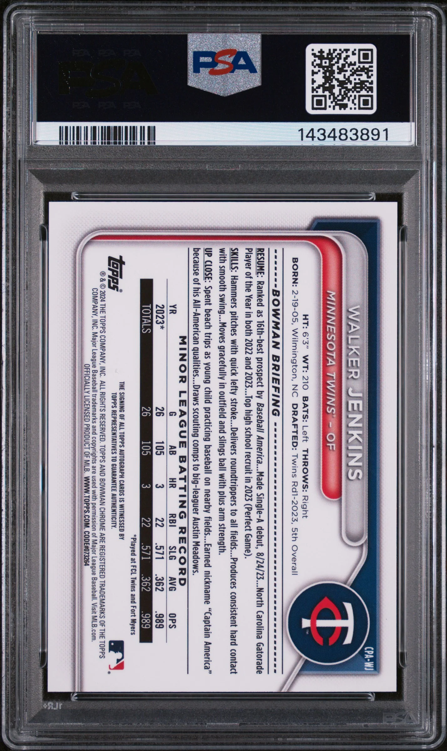 2024 Bowman Chrome Prospect Autograph Walker Jenkins #CPA-WJ PSA 10 - Image 2