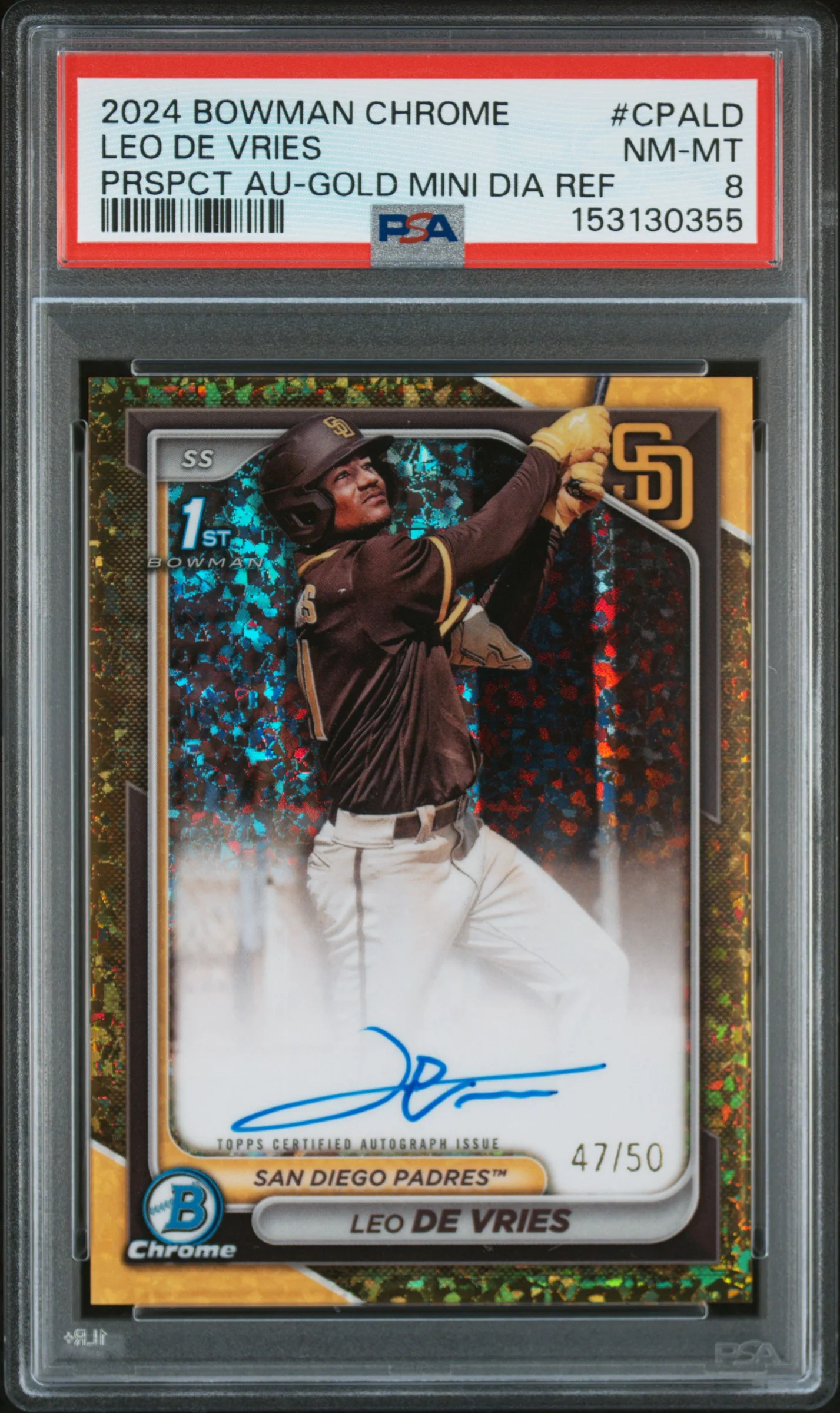 2024 Bowman Chrome Prospect Autographs Prspct Au-Gold Mini Dia Ref Leo De Vries #CPALD /50 PSA 8