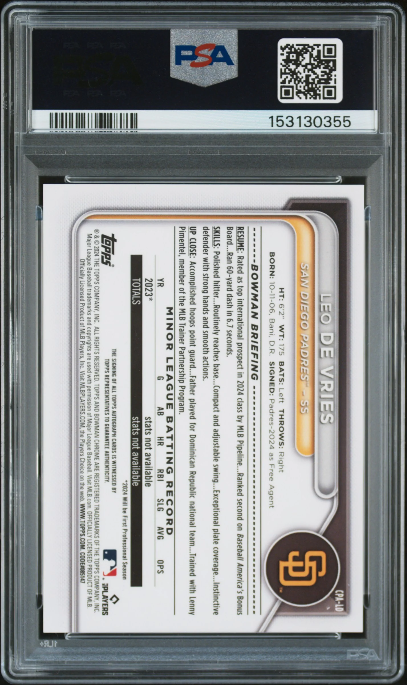 2024 Bowman Chrome Prospect Autographs Prspct Au-Gold Mini Dia Ref Leo De Vries #CPALD /50 PSA 8 - Image 2
