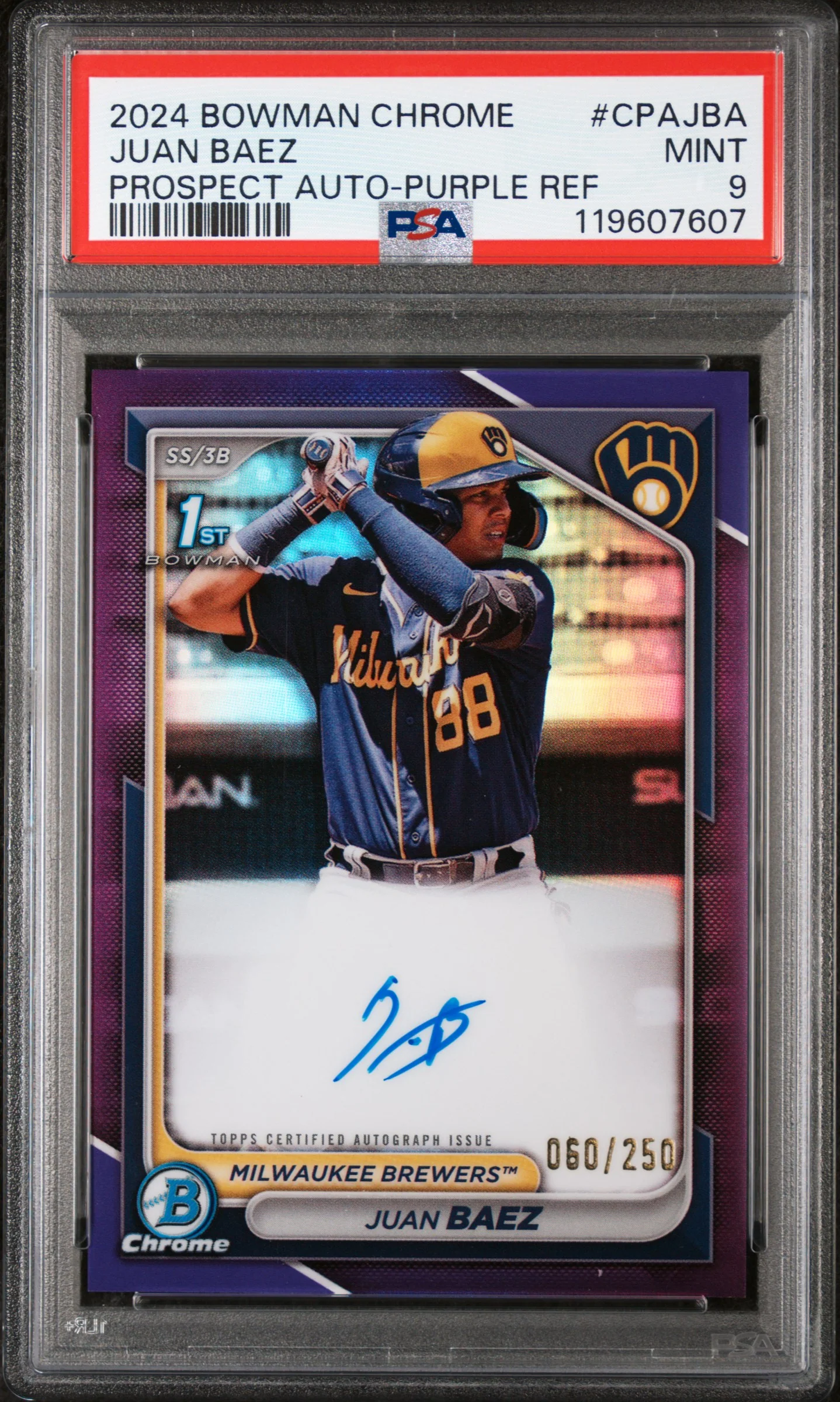 2024 Bowman Chrome Purple Refractor Juan Baez #CPAJBA Prospect Auto /250 PSA 9