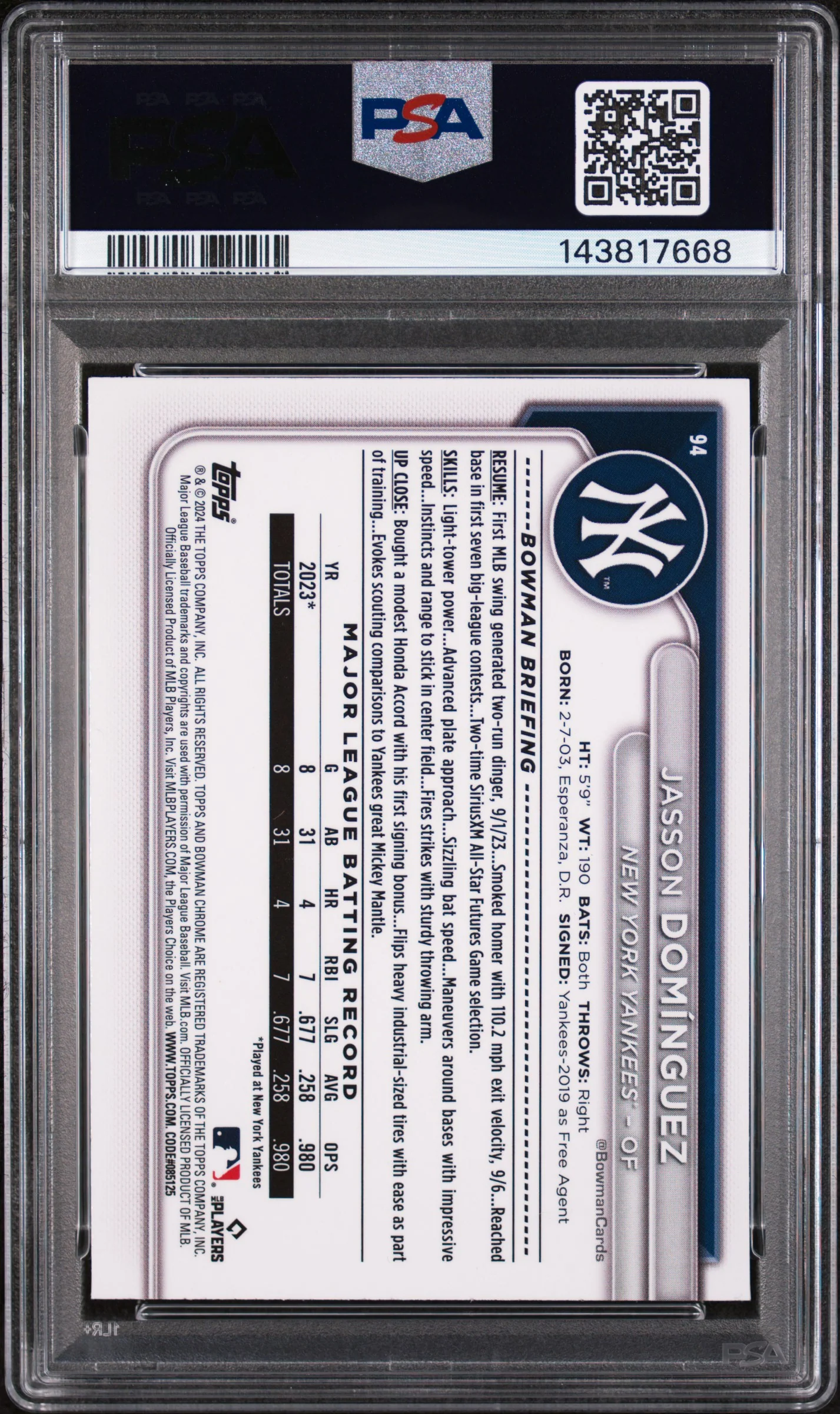 2024 Bowman Chrome SP Jasson Dominguez #94 PSA 9 - Image 2