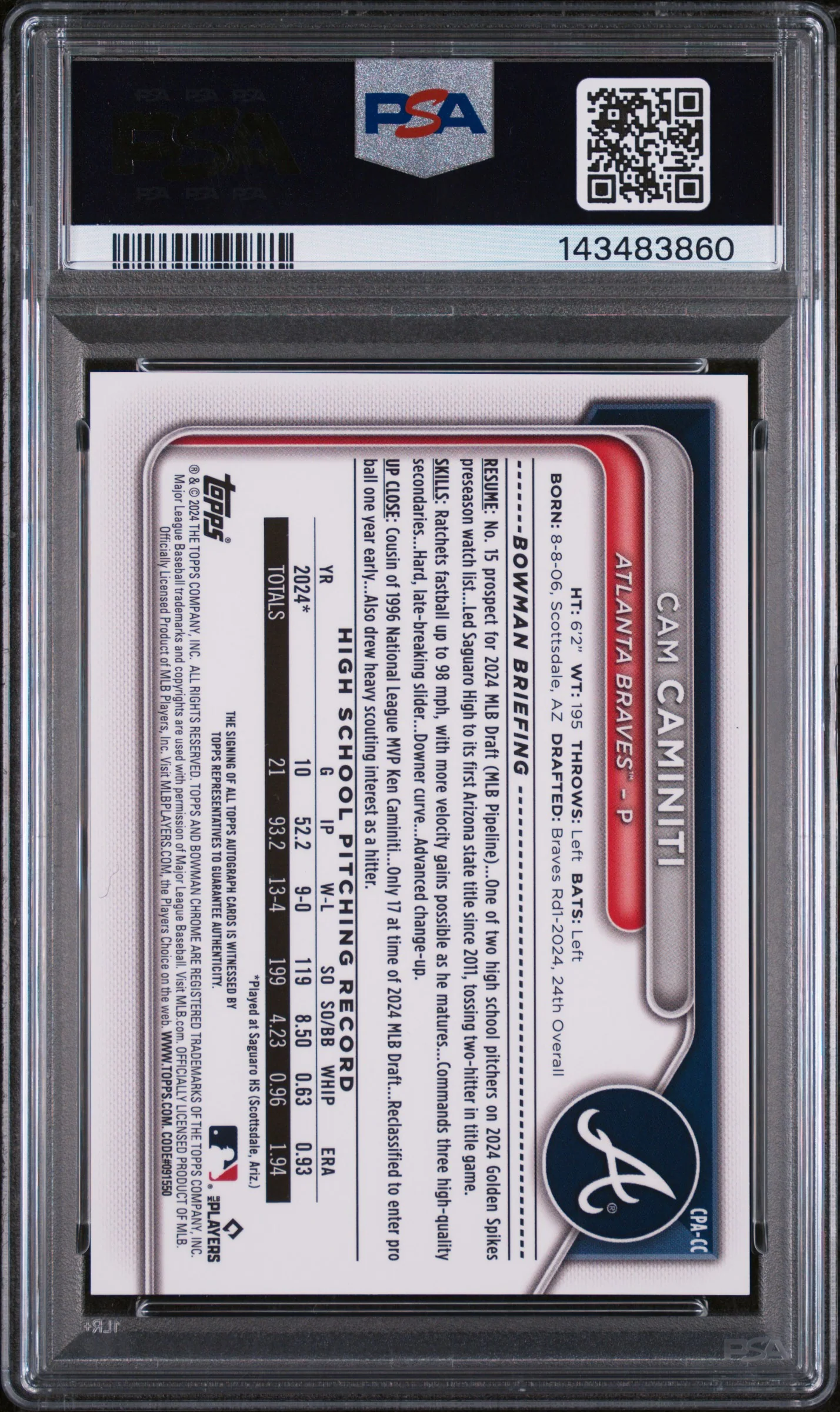 2024 Bowman Draft Aqua Lava Refractor Cam Caminiti #CPA-CC /199 PSA 9 - Image 2