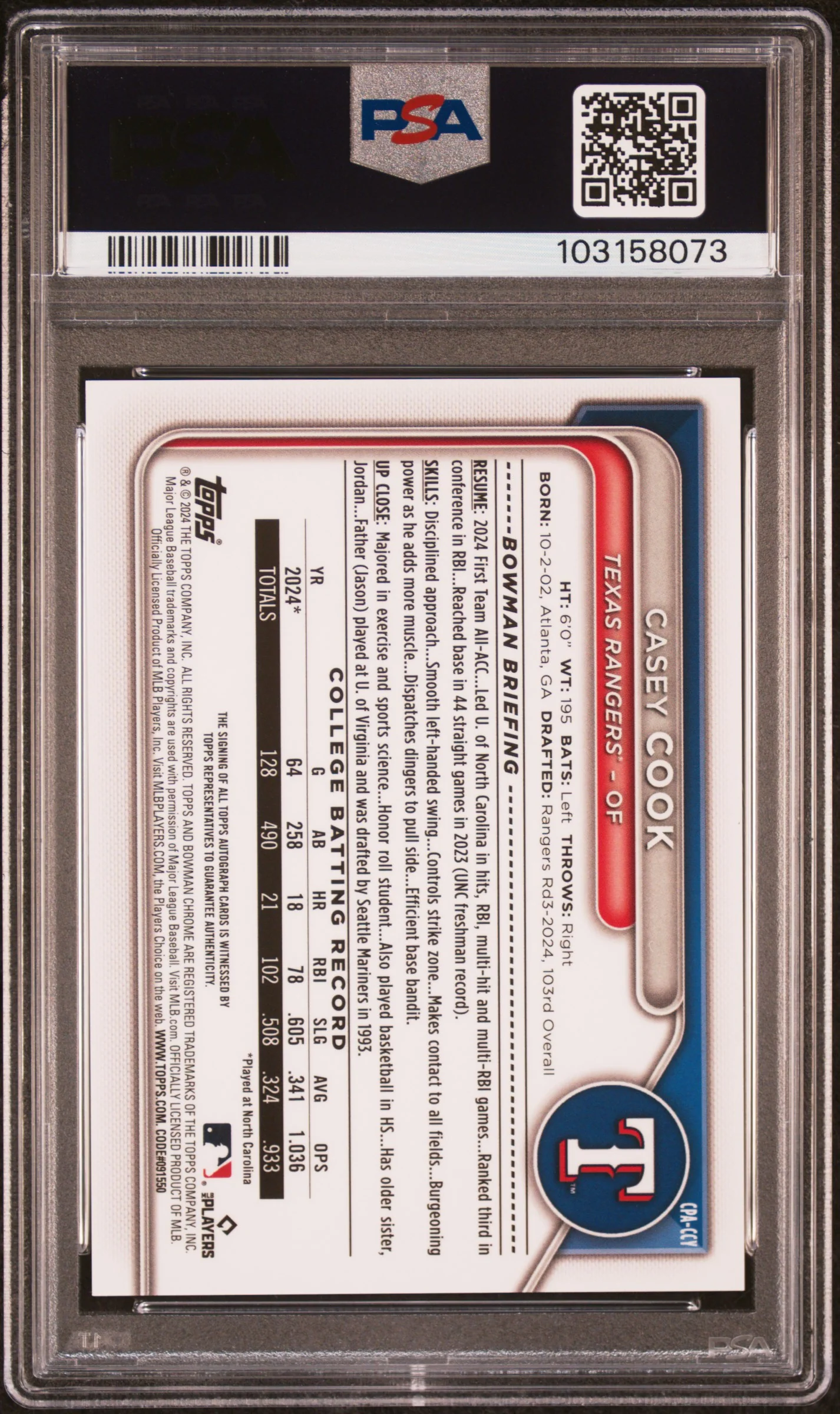 2024 Bowman Draft Casey Cook #CPA-CCY PSA 10 - Image 2