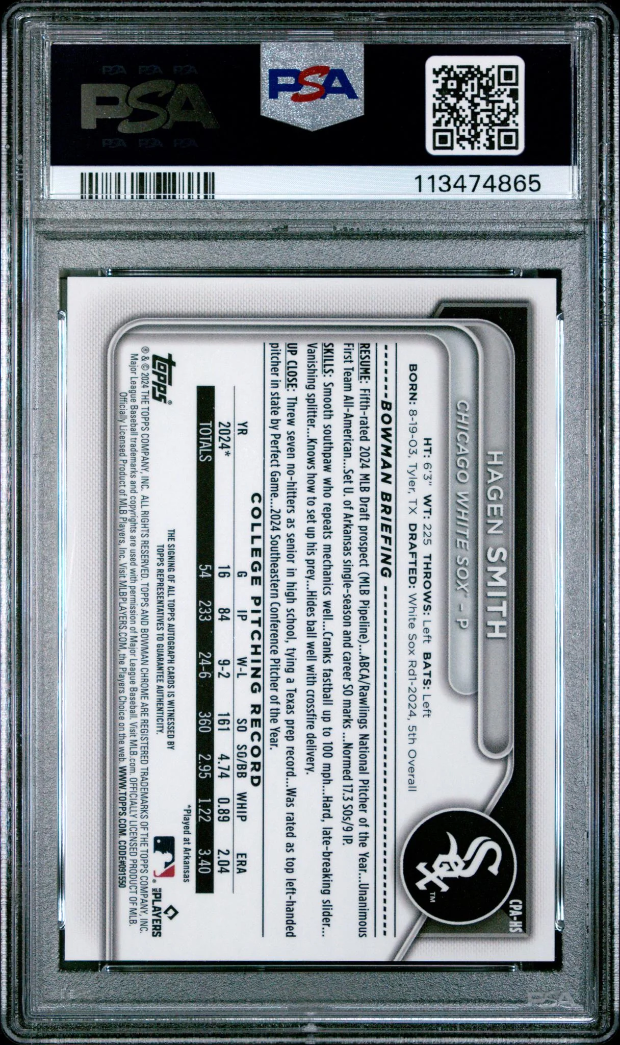 2024 Bowman Draft Chrome Prospect Autographs Gold Refractor Hagen Smith #CPAHS /50 PSA 10 - Image 2