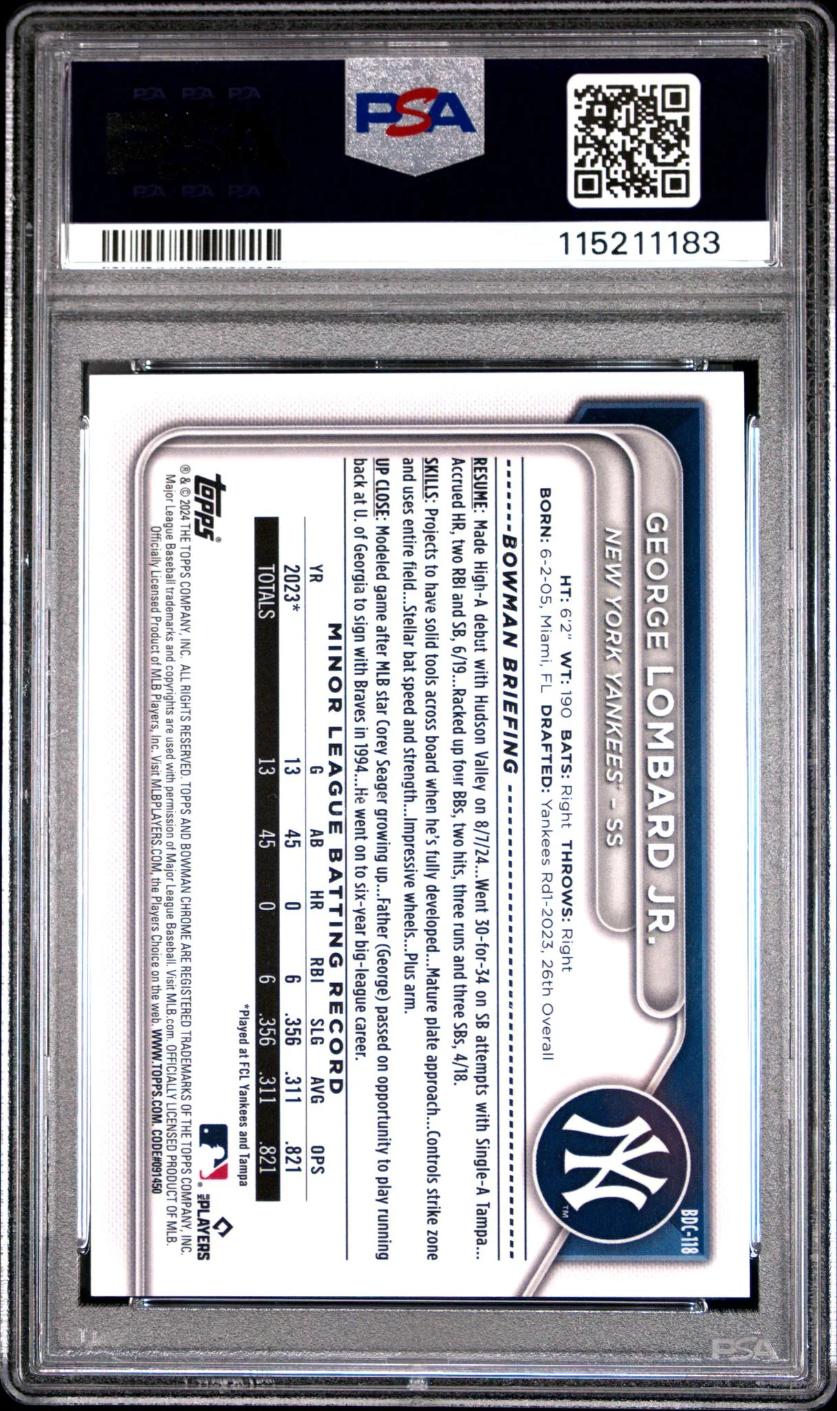 2024 Bowman Draft Chrome-Red Lava George Lombard Jr. #BDC118 /5 PSA 10 - Image 2