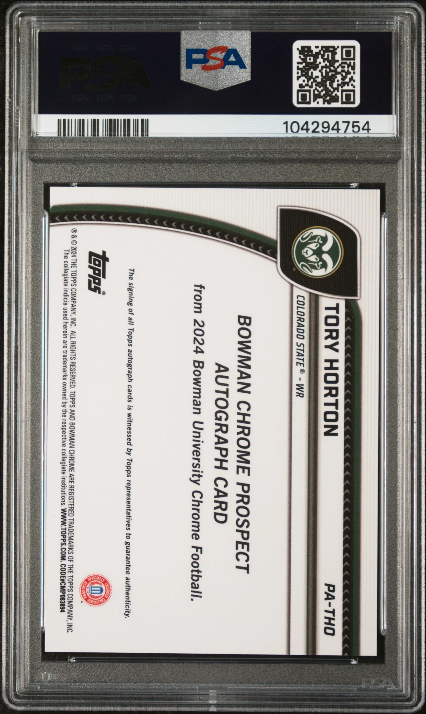 2024 Bowman University Chrome Bowman Chrome Prospect Autographs Yellow Refractor Tory Horton #PATHO /75 PSA 9 - Image 2