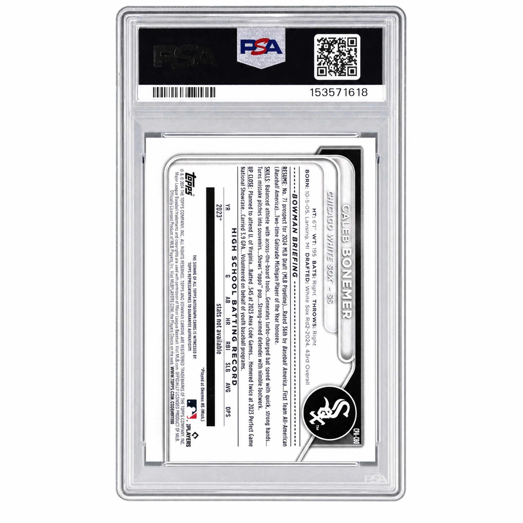 2024 Chrome Draft Autographs Blue Wave Refractors Caleb Bonemer #CPACBO /150 PSA 10 - Image 2