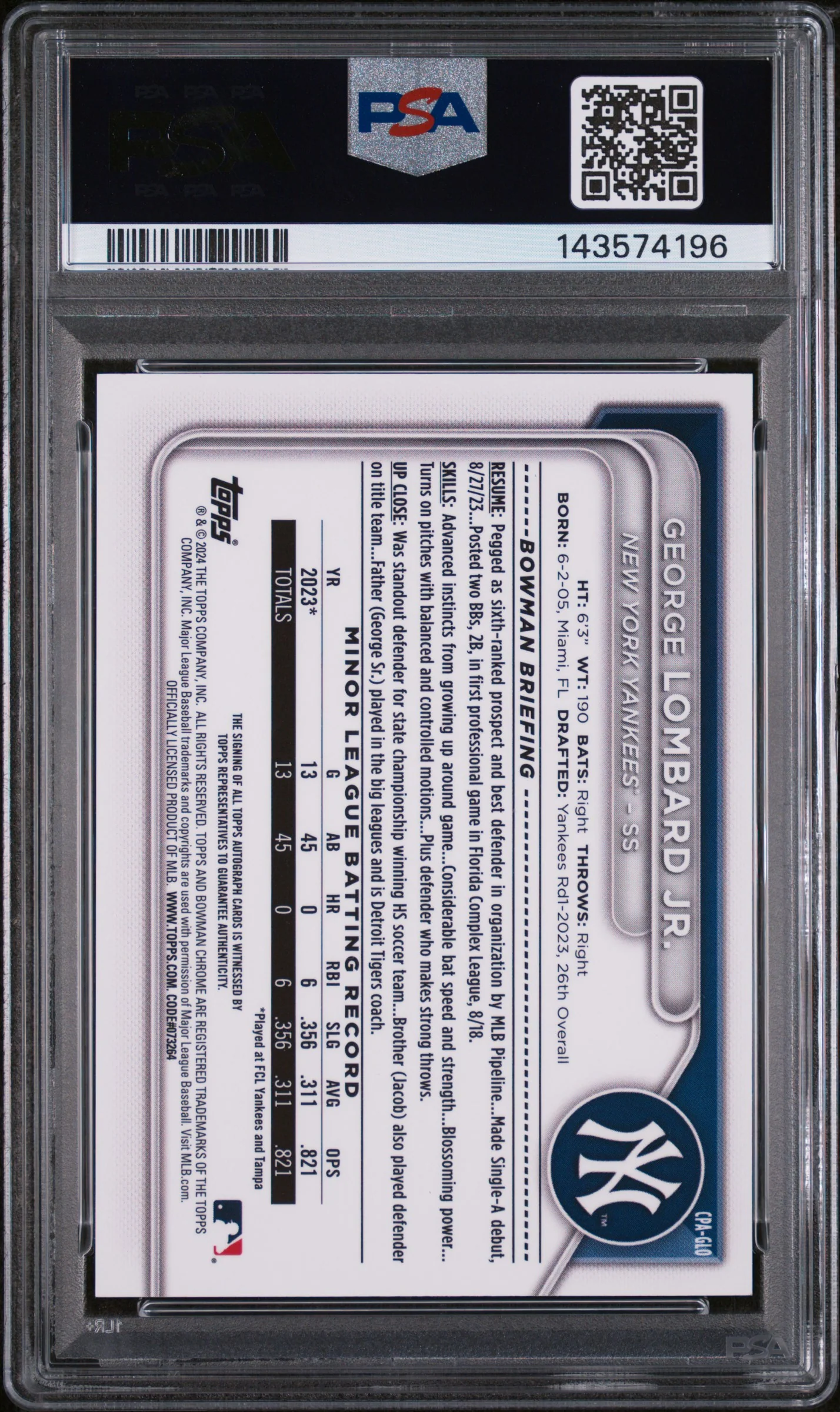 2024 Chrome Prospect Autographs Green Refractors George Lombard Jr. #CPAGLO /99 PSA 10 - Image 2