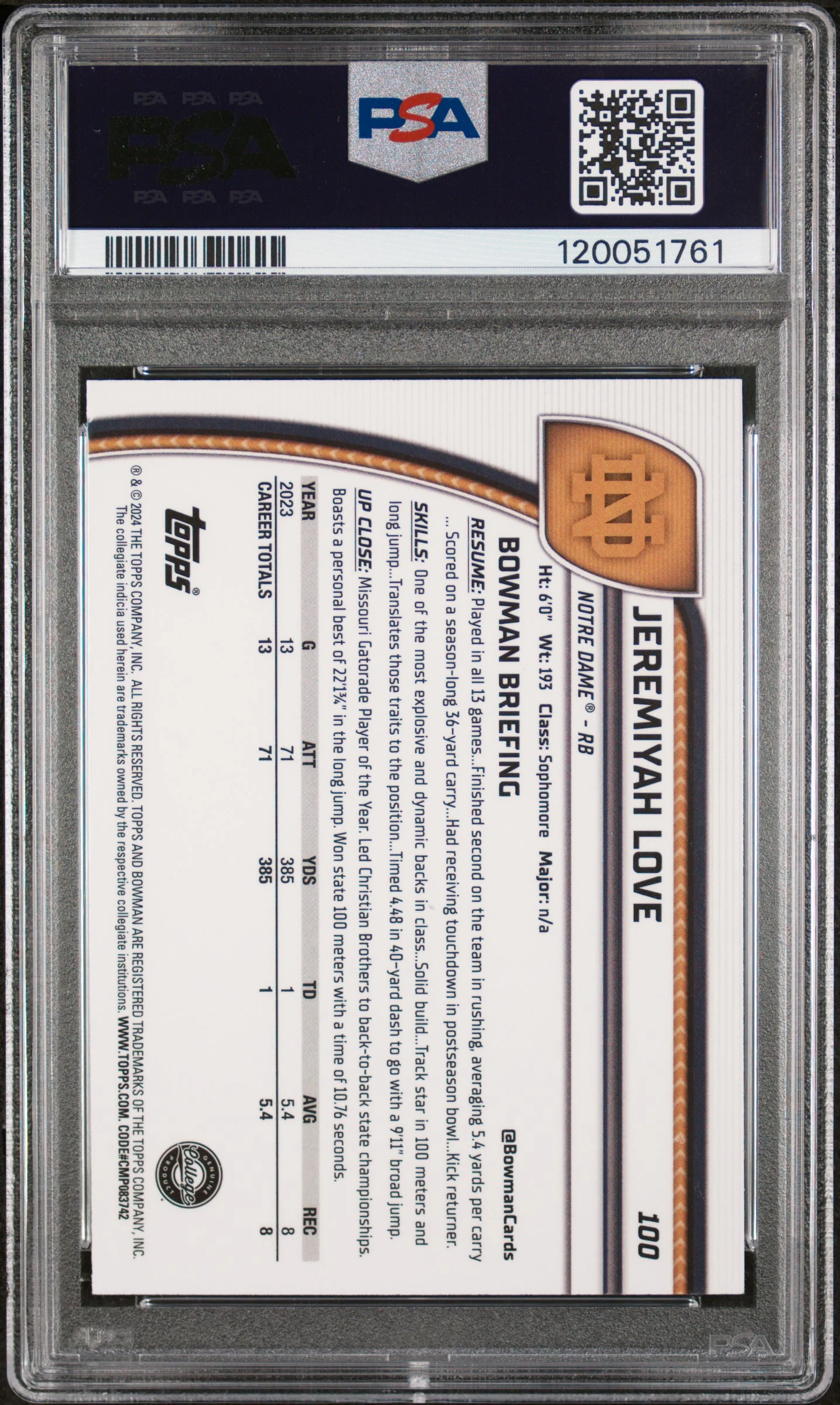 2024 Chrome Sapphire University Jeremiyah Love #100 PSA 10 - Image 2