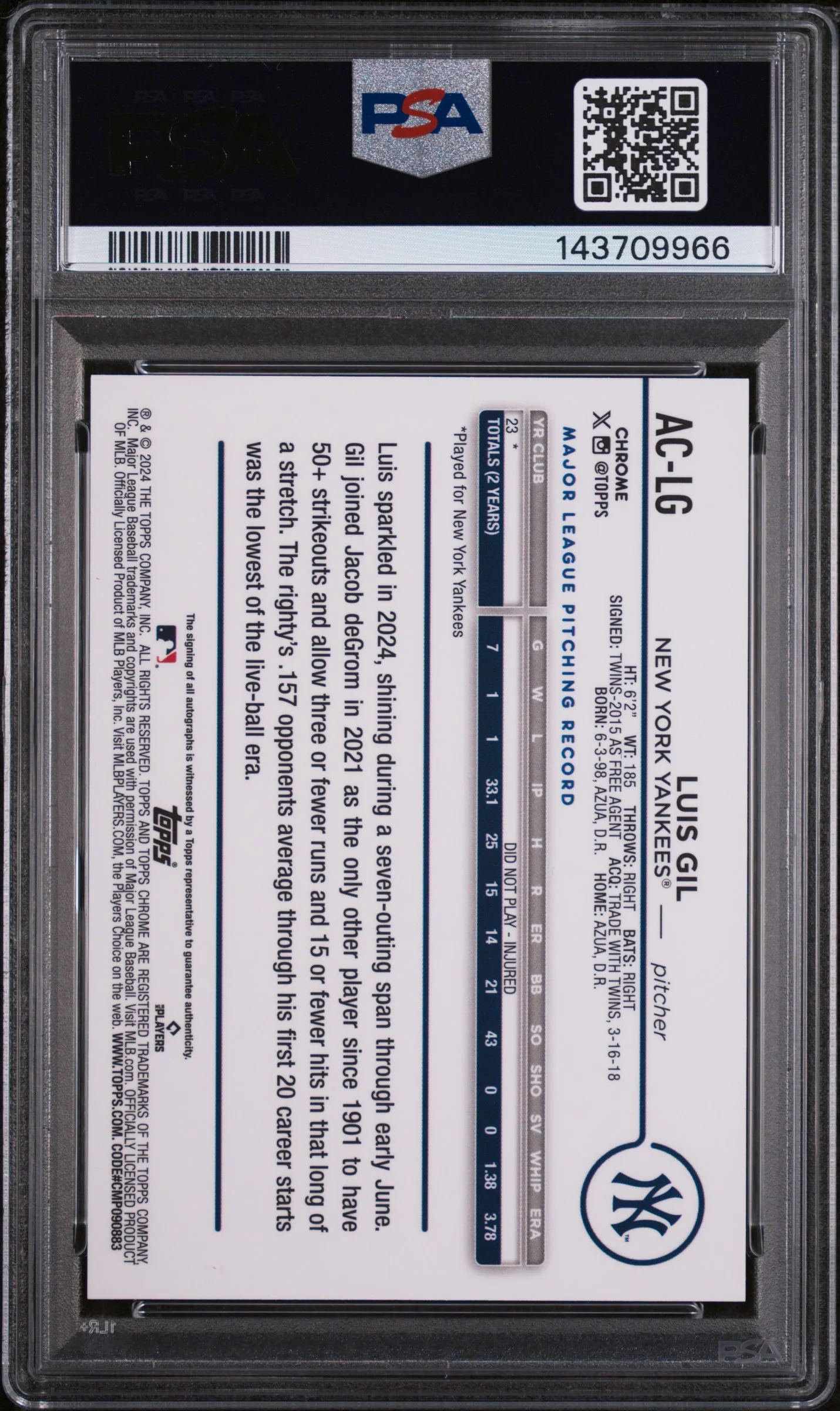 2024 Chrome Update Autographs Blue Raywave Refractors Luis Gil #ACLG /150 PSA 10 - Image 2