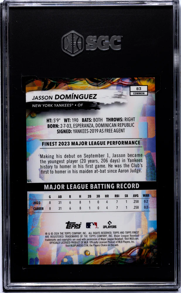 2024 Finest #83 Jasson Domínguez Sky Blue Refractor /325 SGC 10 - Image 2