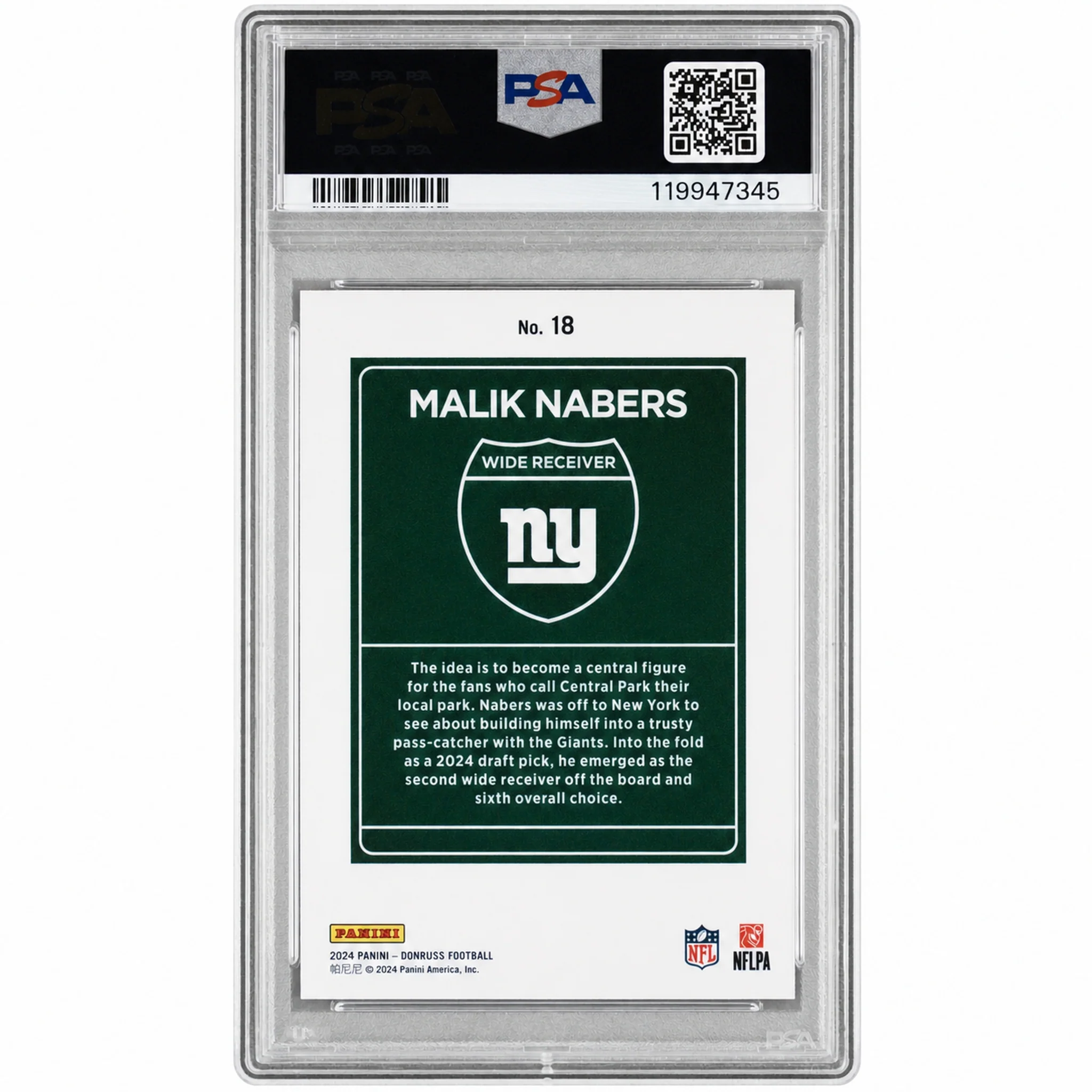 2024 Panini Donruss Downtown Malik Nabers #18 PSA 10 - Image 2