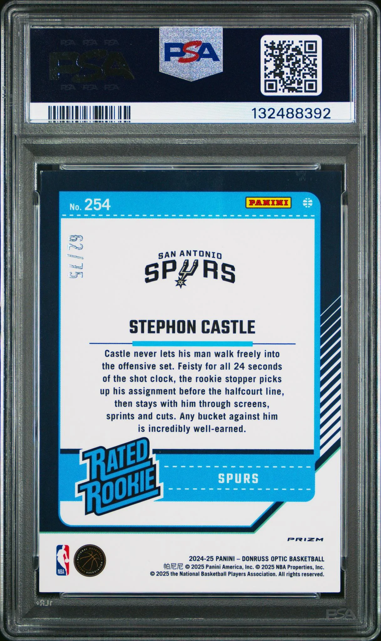 2024 Panini Donruss Optic Blue Shimmer Stephon Castle #254 /75 PSA 9 - Image 2