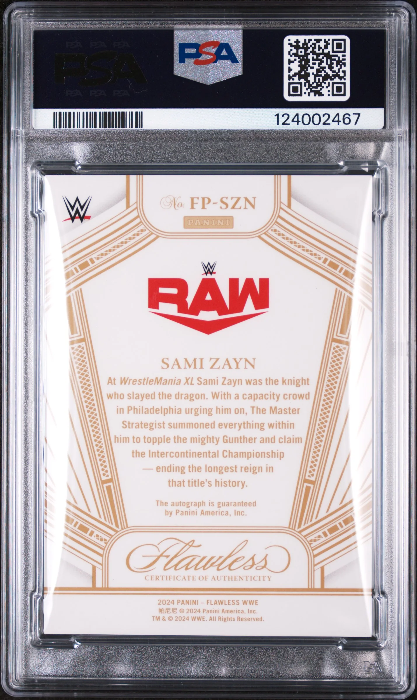 2024 Panini Flawless WWE Flawless Performances Autographs Sapphire Sami Zayn #FPSZN PSA 7 - Image 2