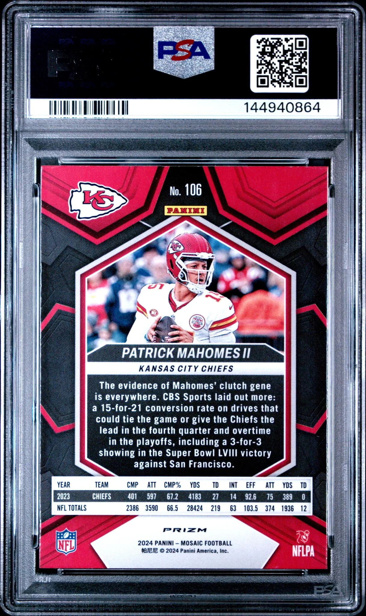 2024 Panini Mosaic Reactive Blue Mosaic Patrick Mahomes II #106 PSA 10 - Image 2