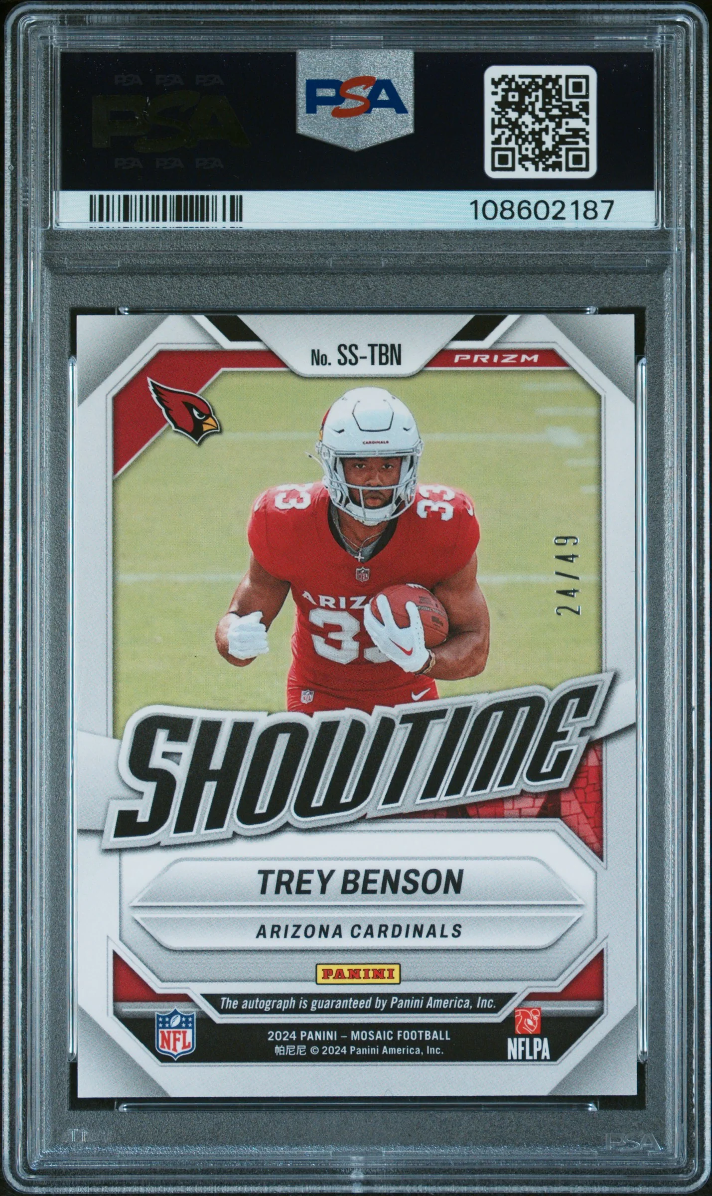 2024 Panini Mosaic Showtime Signatures Showtime Signature-Purple Trey Benson #SSTBN /49 PSA 10 - Image 2