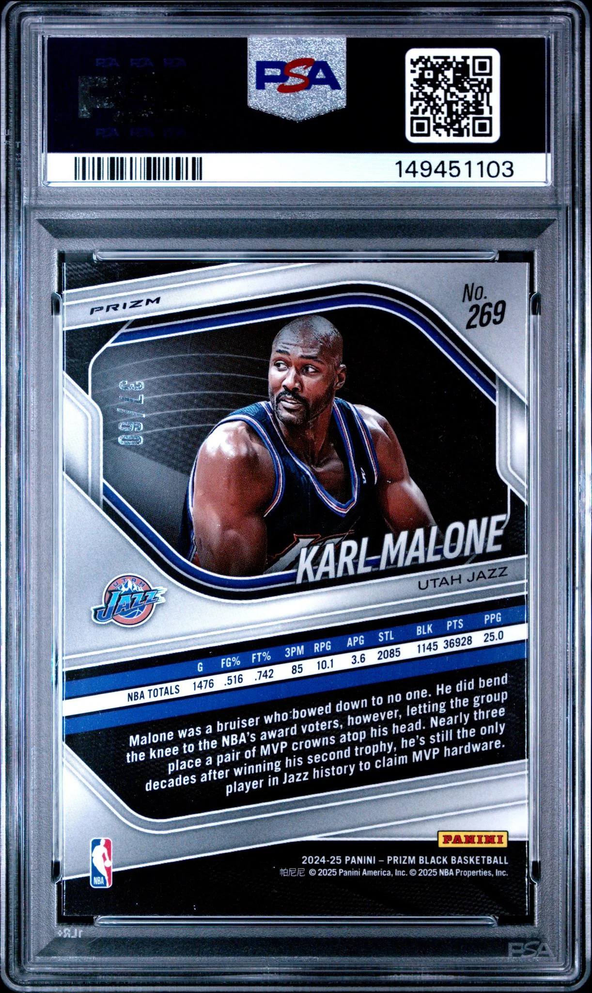 2024 Panini Prizm Black Orange Wave Karl Malone #269 /60 PSA 9 - Image 2