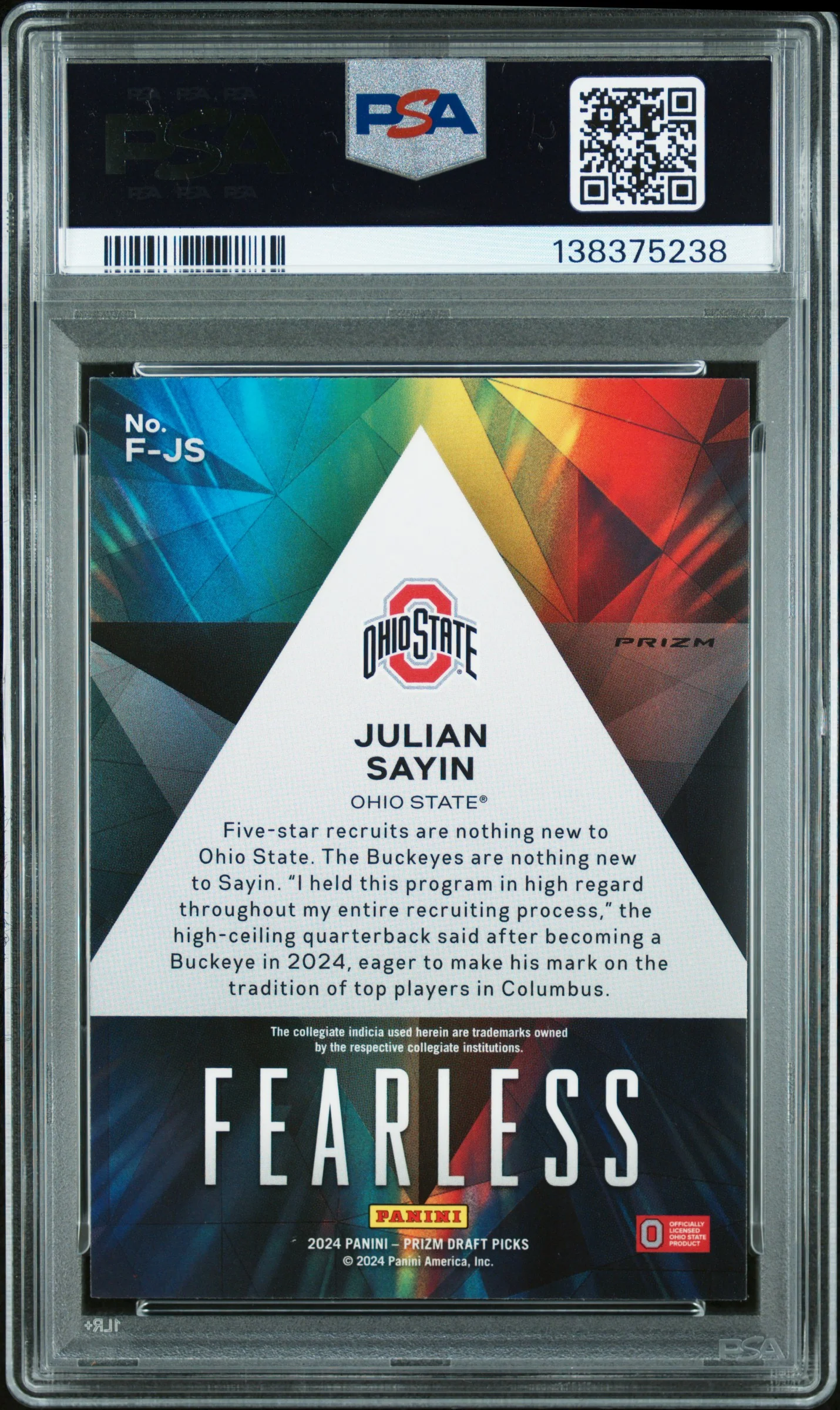2024 Panini Prizm Draft Picks Fearless Red Ice Julian Sayin #FJS PSA 9 - Image 2