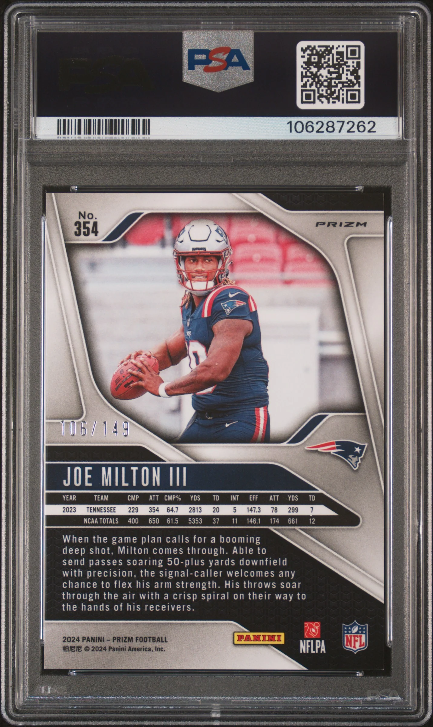 2024 Panini Prizm Red Wave Joe Milton III #354 /149 PSA 9 - Image 2