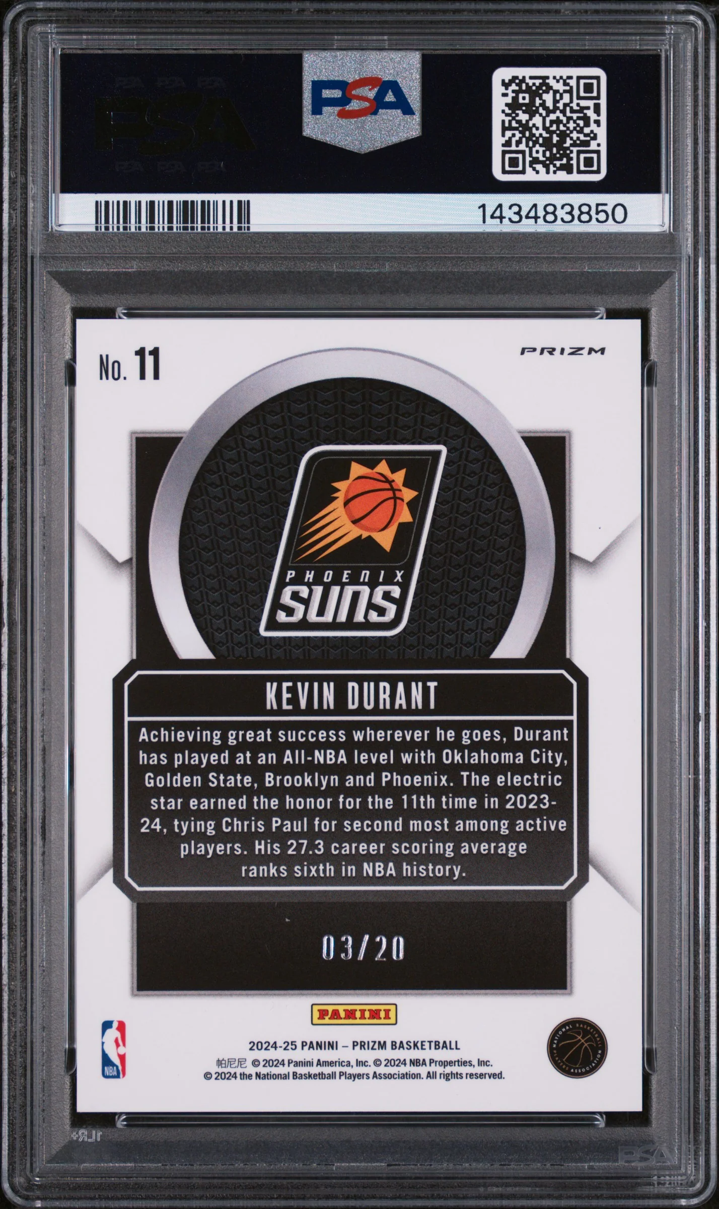 2024 Panini Prizm Talismen White Wave Kevin Durant #11 /20 PSA 10 - Image 2