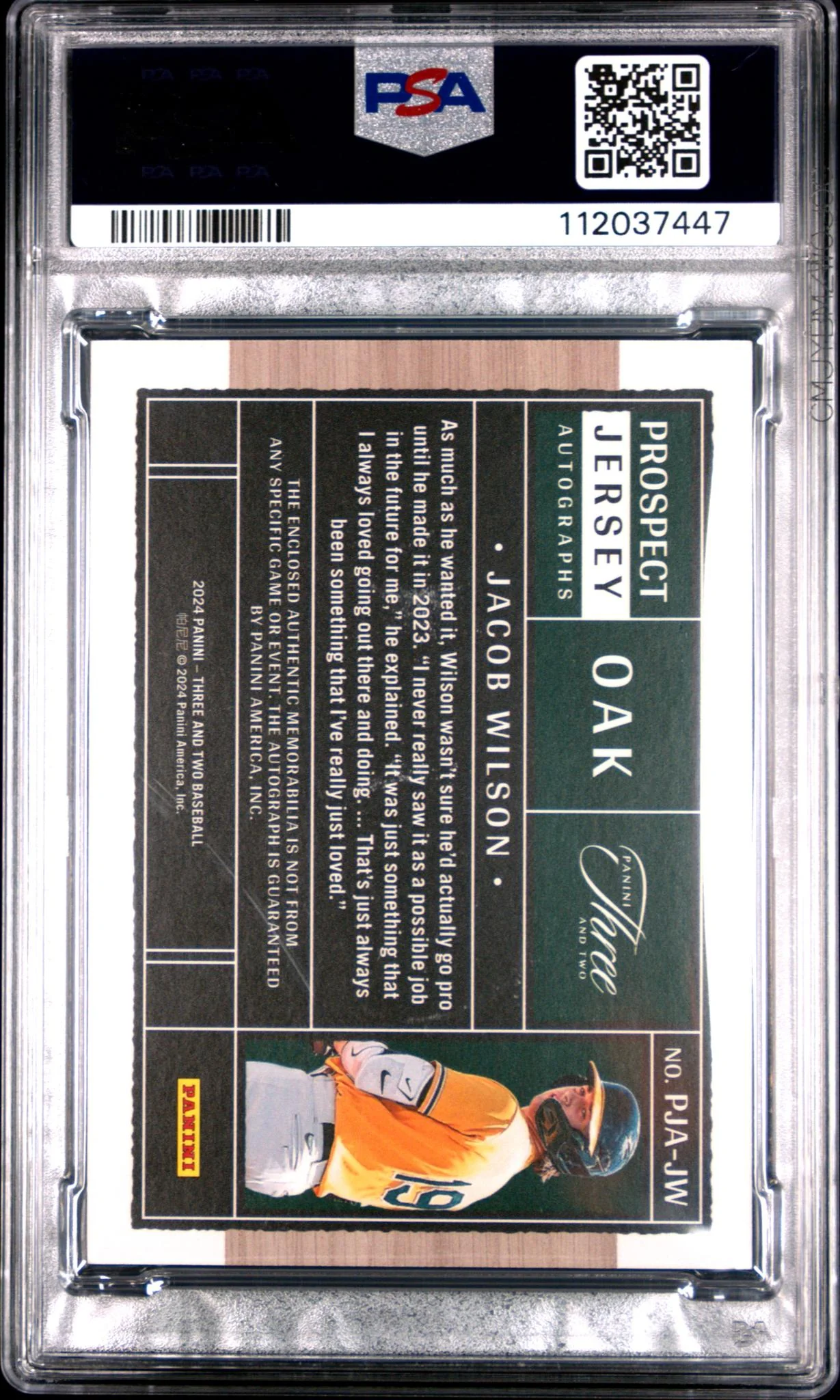 2024 Panini Three and Two Prospect Jersey Autographs Platinum Jacob Wilson #PJA-JW /1 1/1 PSA 9 - Image 2